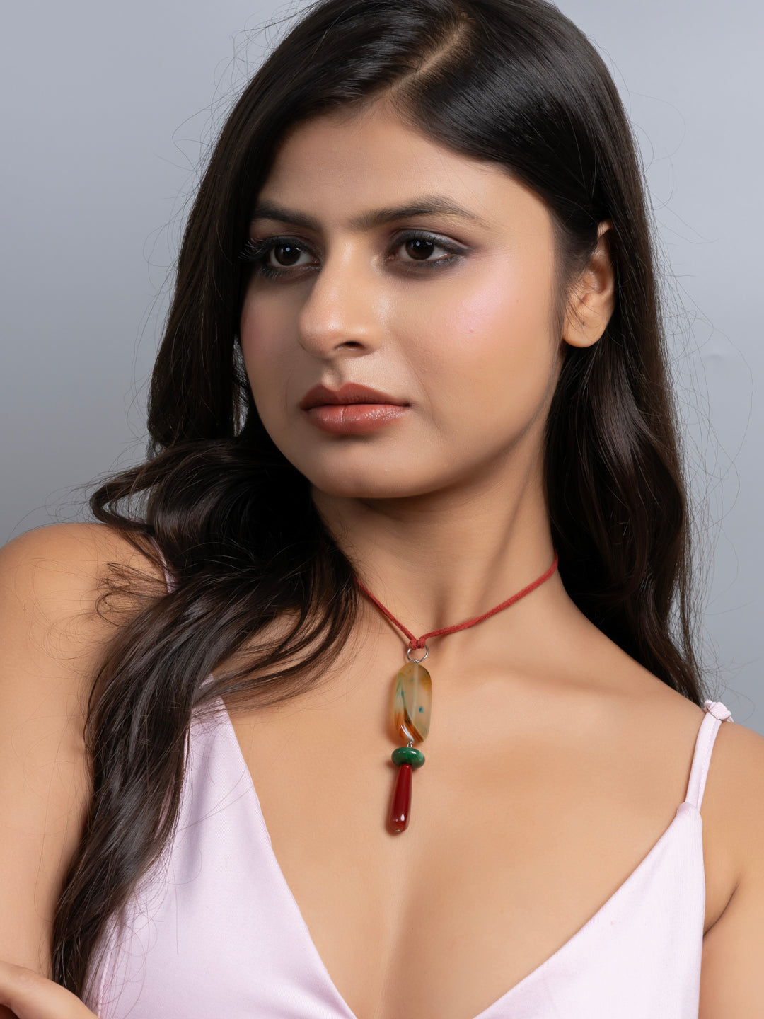 Semi Precious Green Rust Orange Onyx Agate Sleek necklace with adjustable Suede Cord LOOK AND ADORN - designed for you