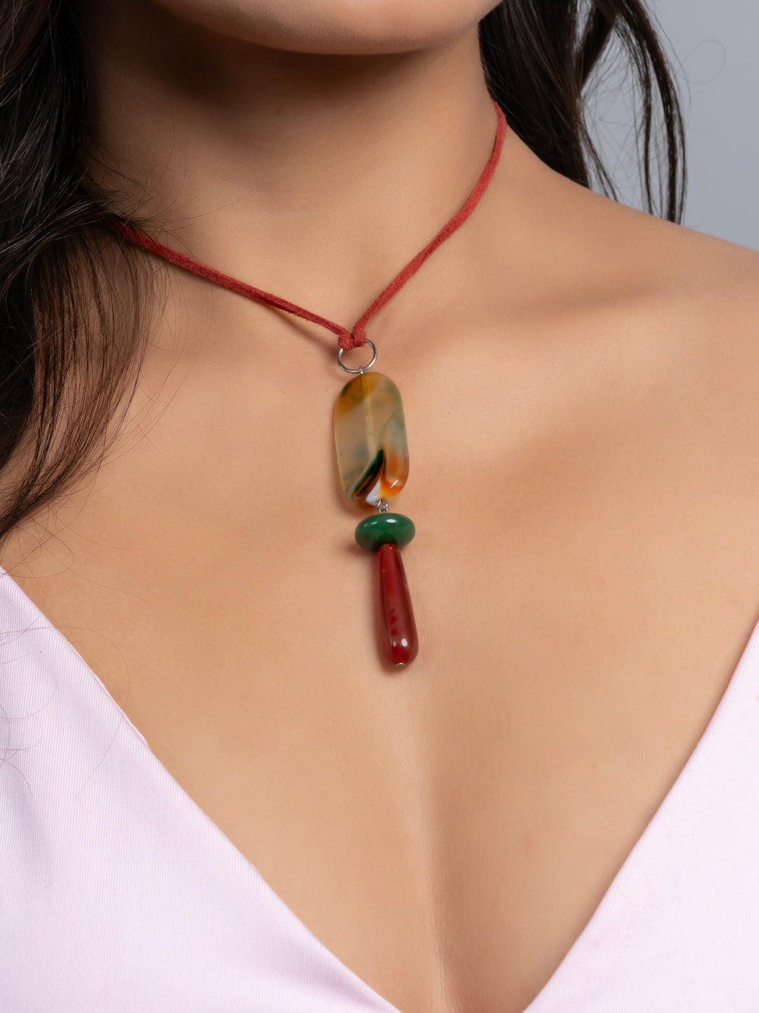 Semi Precious Green Rust Orange Onyx Agate Sleek necklace with adjustable Suede Cord LOOK AND ADORN - designed for you