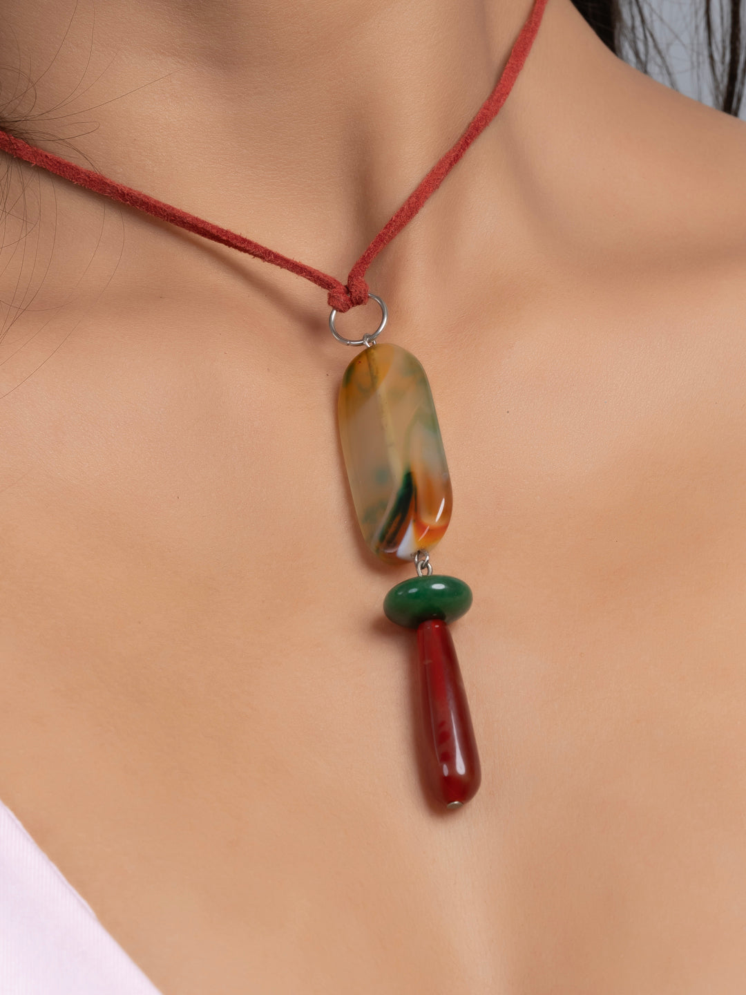 Semi Precious Green Rust Orange Onyx Agate Sleek necklace with adjustable Suede Cord LOOK AND ADORN - designed for you