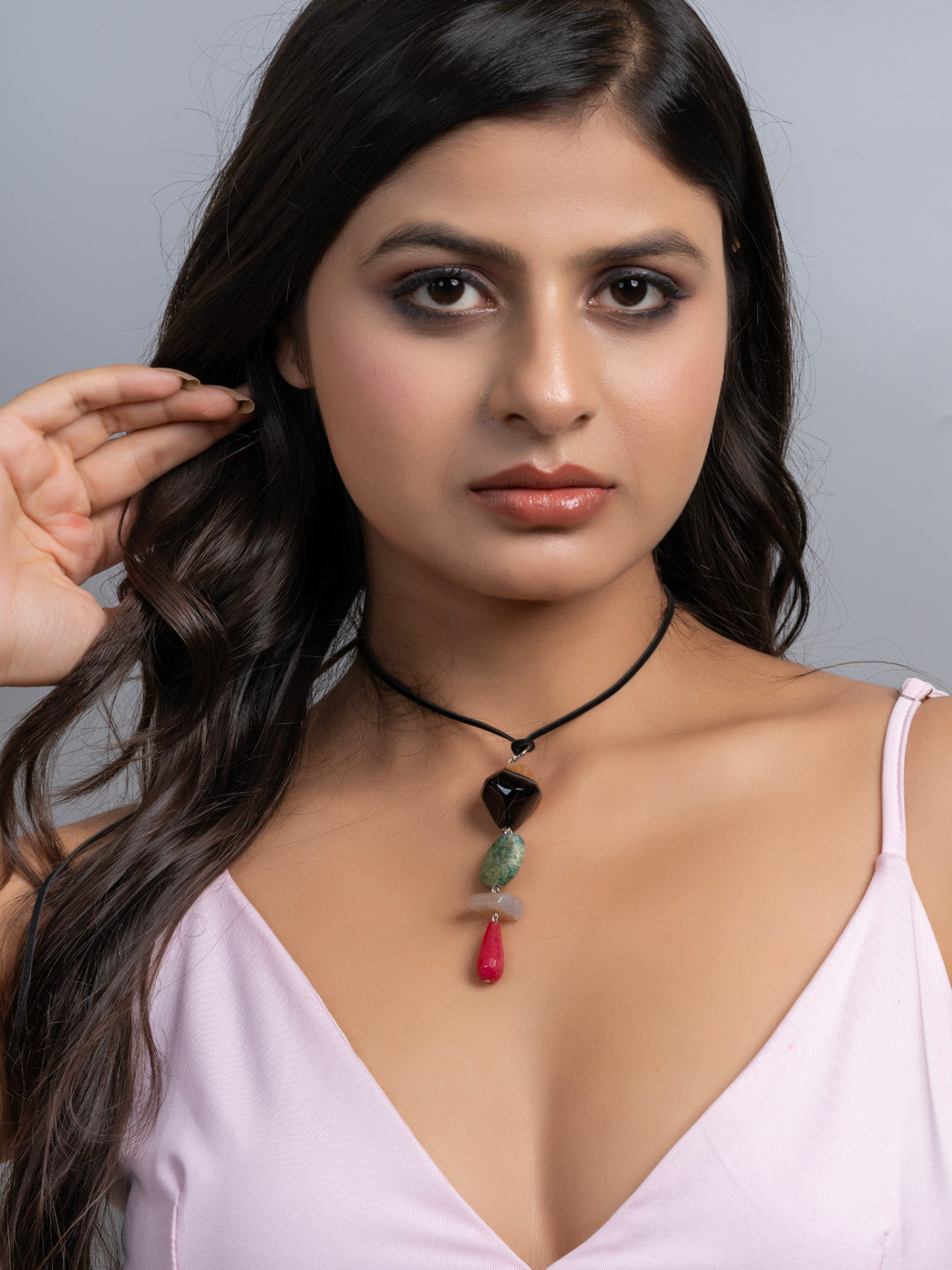Semi Precious Green Black Pink Onyx Agate Sleek necklace with adjustable Suede Cord LOOK AND ADORN - designed for you