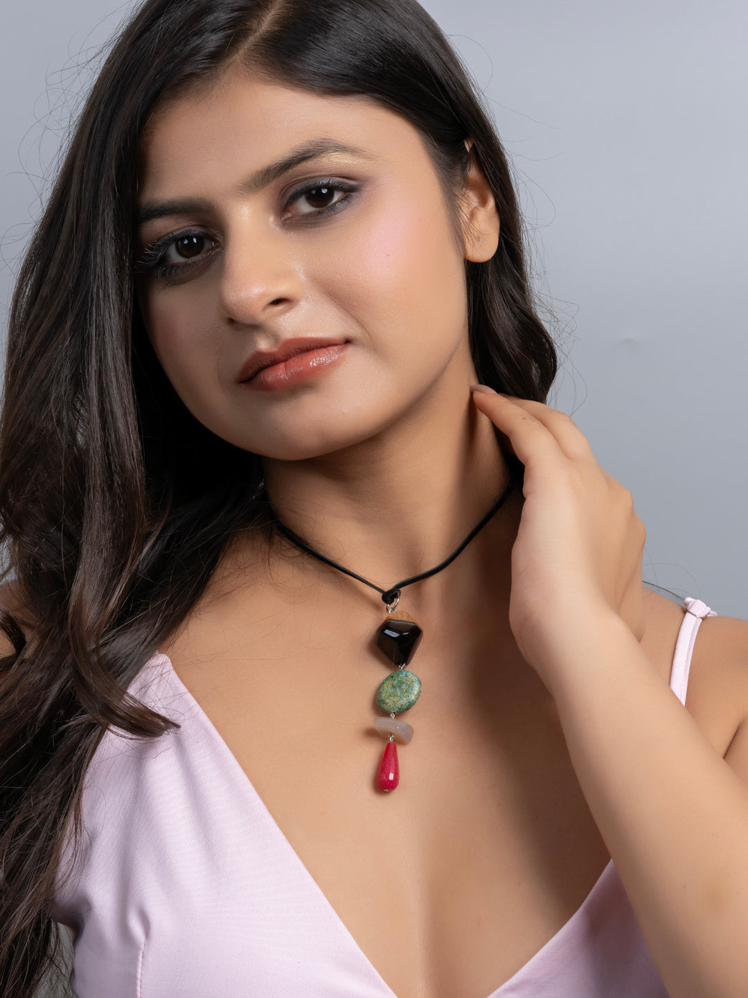 Semi Precious Green Black Pink Onyx Agate Sleek necklace with adjustable Suede Cord LOOK AND ADORN - designed for you