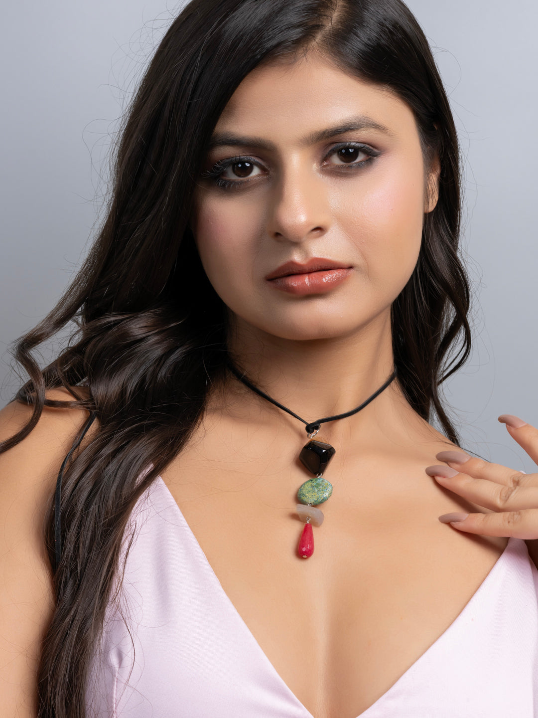 Semi Precious Green Black Pink Onyx Agate Sleek necklace with adjustable Suede Cord LOOK AND ADORN - designed for you