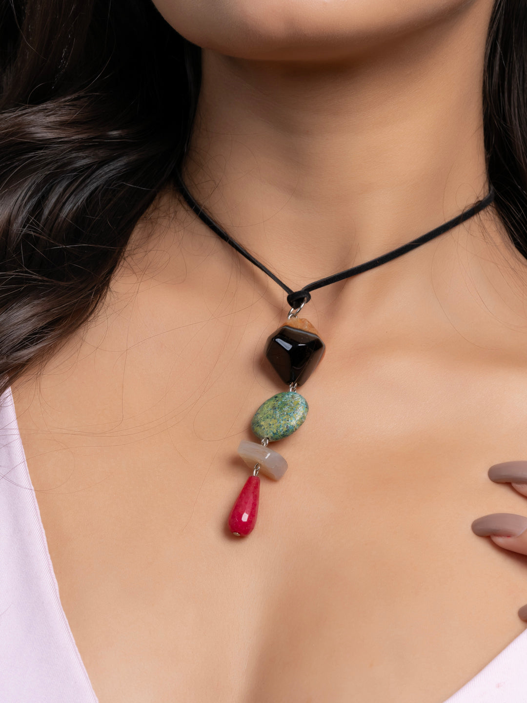 Semi Precious Green Black Pink Onyx Agate Sleek necklace with adjustable Suede Cord LOOK AND ADORN - designed for you