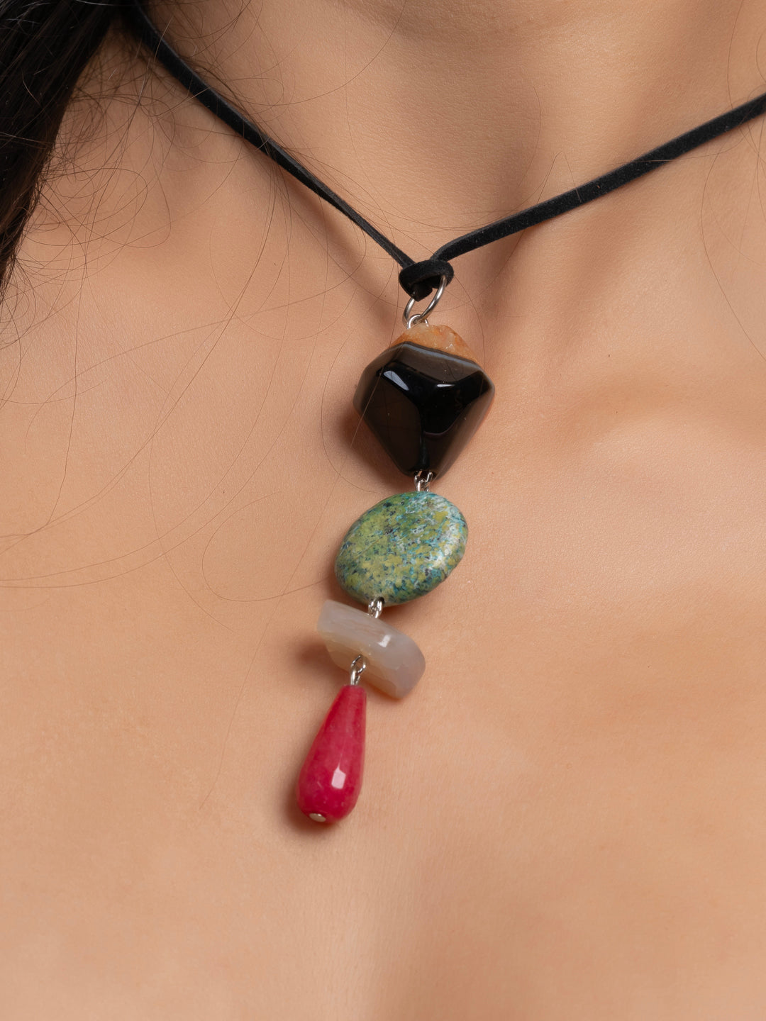 Semi Precious Green Black Pink Onyx Agate Sleek necklace with adjustable Suede Cord LOOK AND ADORN - designed for you
