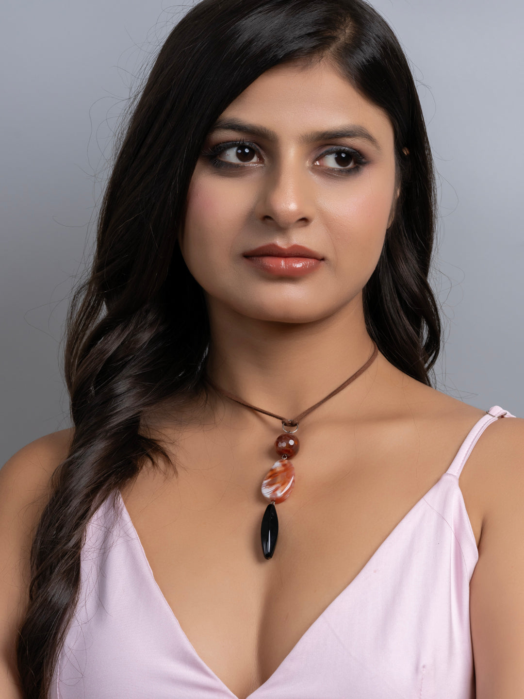 Semi Precious Brown Black Onyx Agate Sleek necklace with adjustable Suede Cord LOOK AND ADORN - designed for you