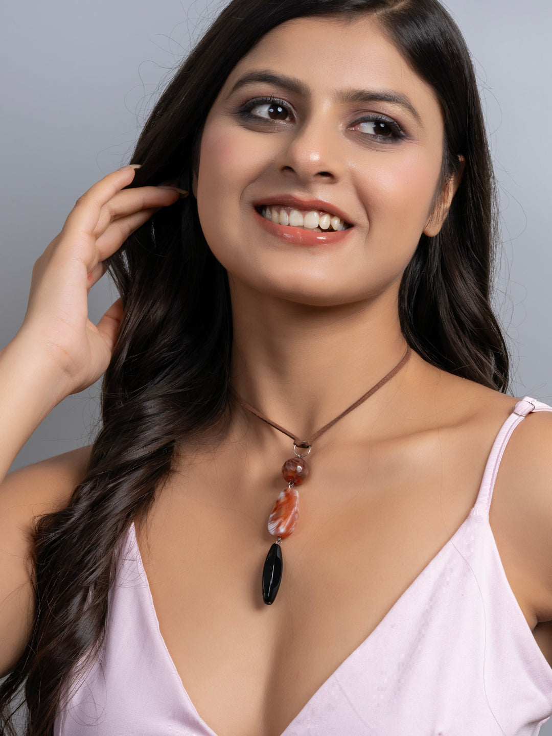 Semi Precious Brown Black Onyx Agate Sleek necklace with adjustable Suede Cord LOOK AND ADORN - designed for you