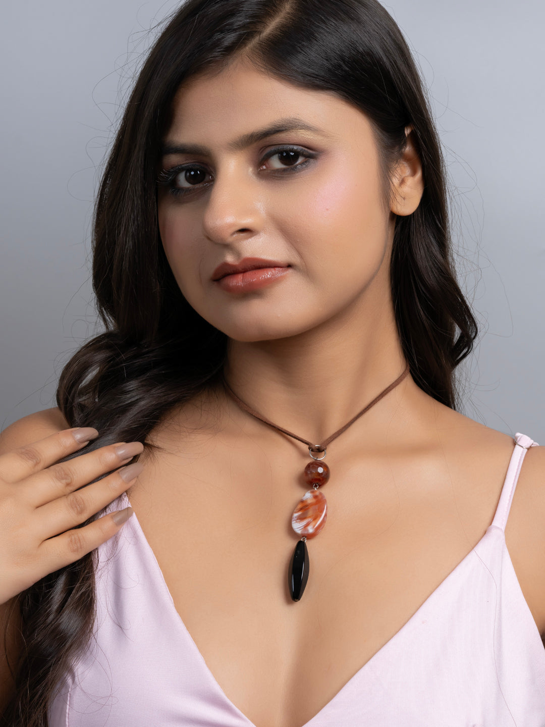 Semi Precious Brown Black Onyx Agate Sleek necklace with adjustable Suede Cord LOOK AND ADORN - designed for you