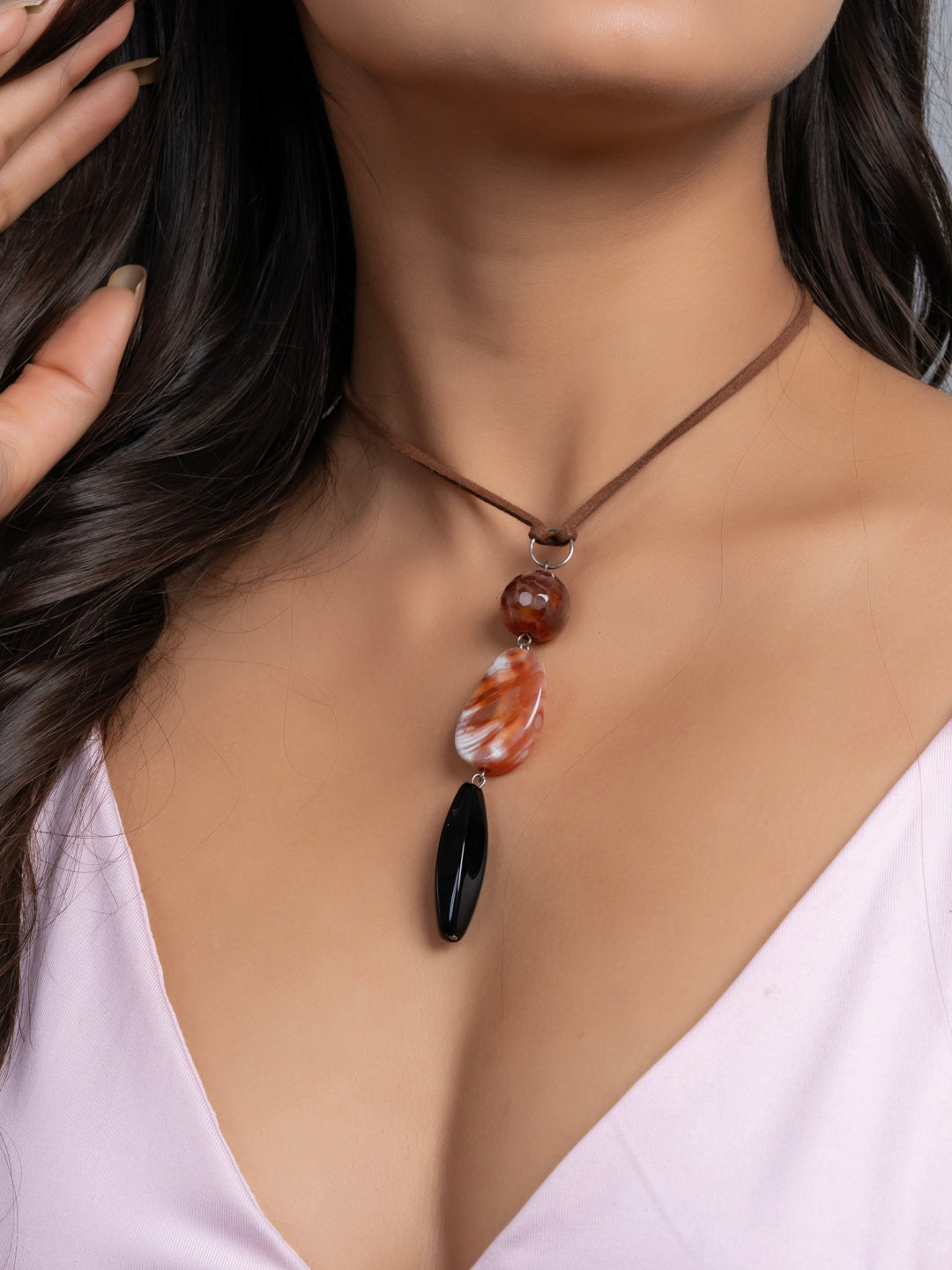 Semi Precious Brown Black Onyx Agate Sleek necklace with adjustable Suede Cord LOOK AND ADORN - designed for you