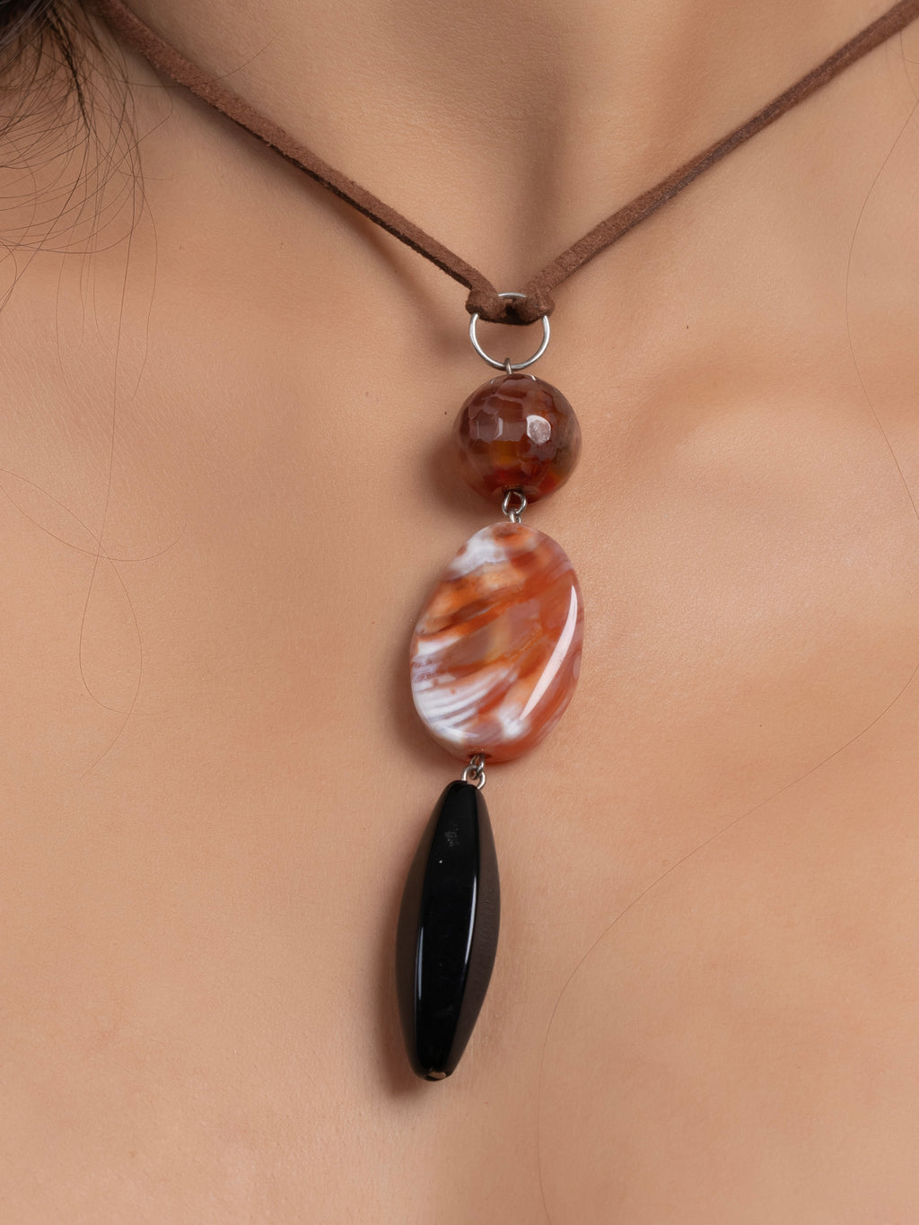 Semi Precious Brown Black Onyx Agate Sleek necklace with adjustable Suede Cord LOOK AND ADORN - designed for you