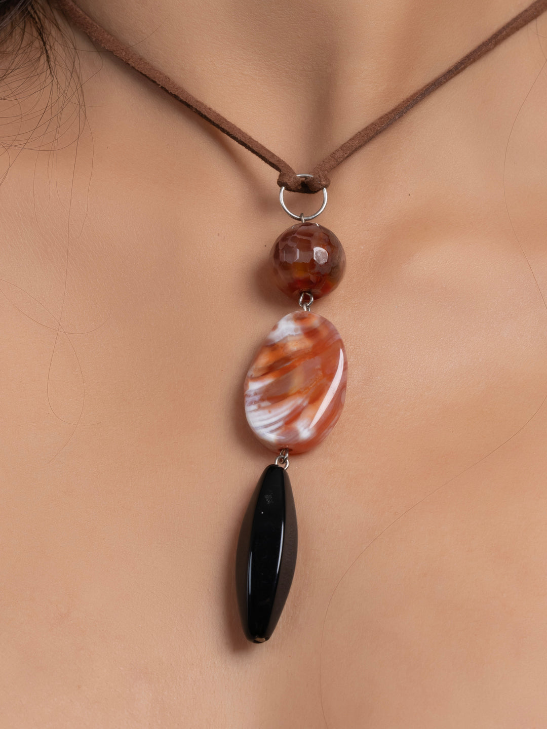 Semi Precious Brown Black Onyx Agate Sleek necklace with adjustable Suede Cord LOOK AND ADORN - designed for you