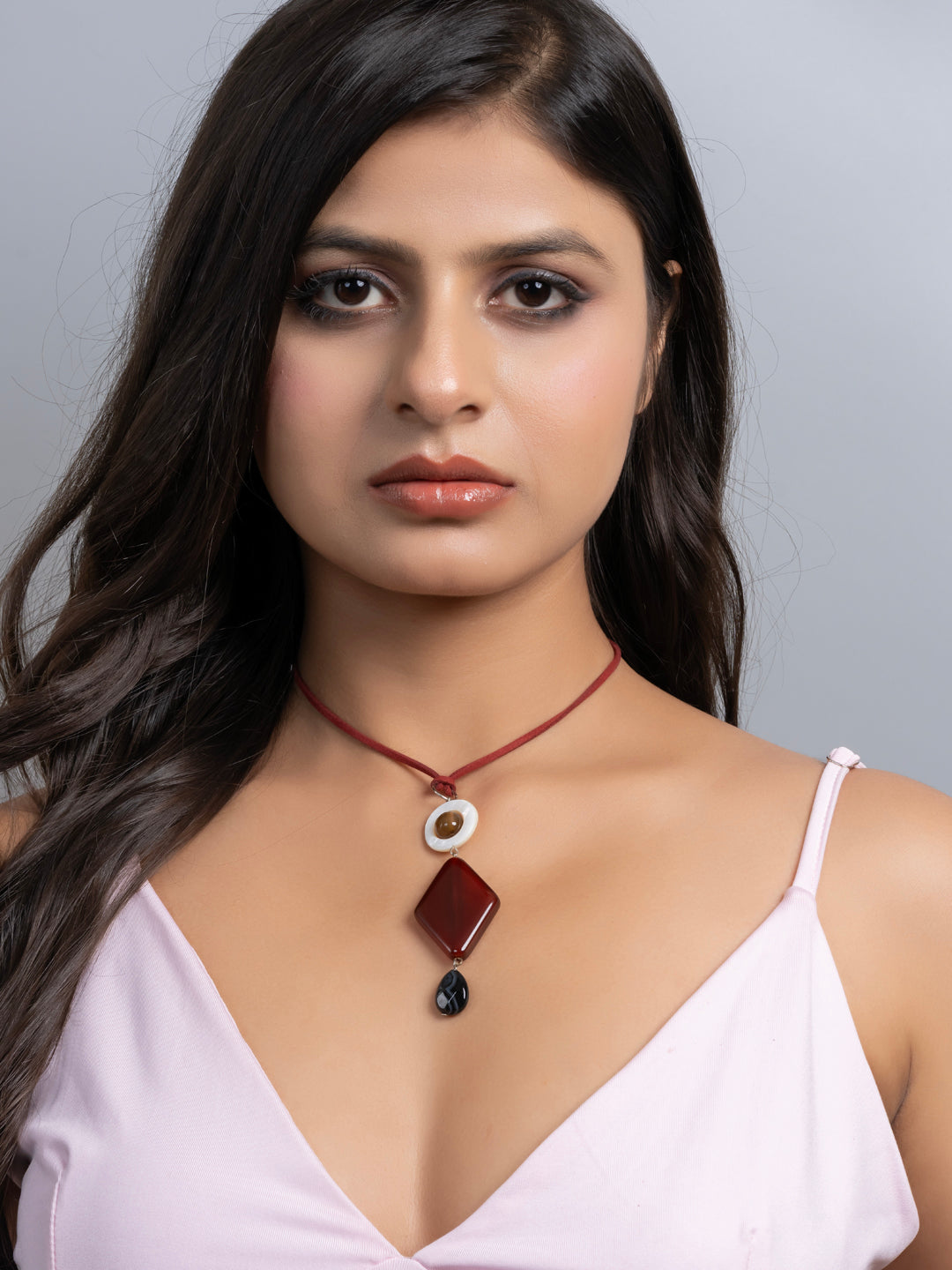Semi Precious Brown Black White MOP Onyx Agate Sleek necklace with adjustable Suede Cord LOOK AND ADORN - designed for you