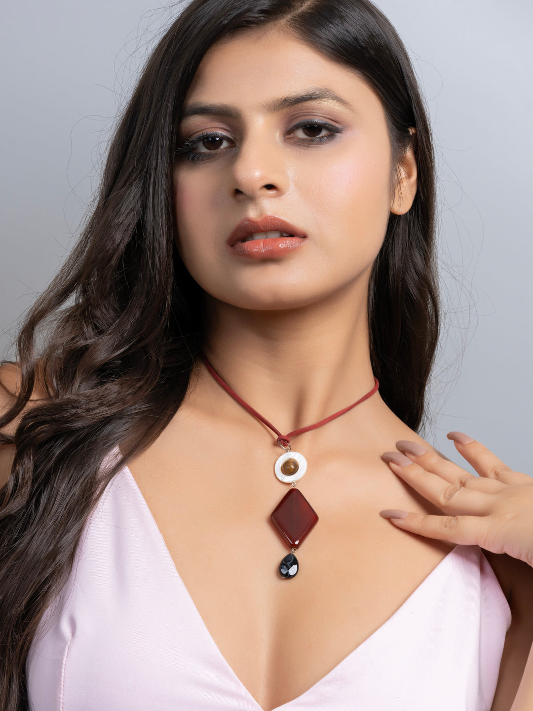 Semi Precious Brown Black White MOP Onyx Agate Sleek necklace with adjustable Suede Cord LOOK AND ADORN - designed for you