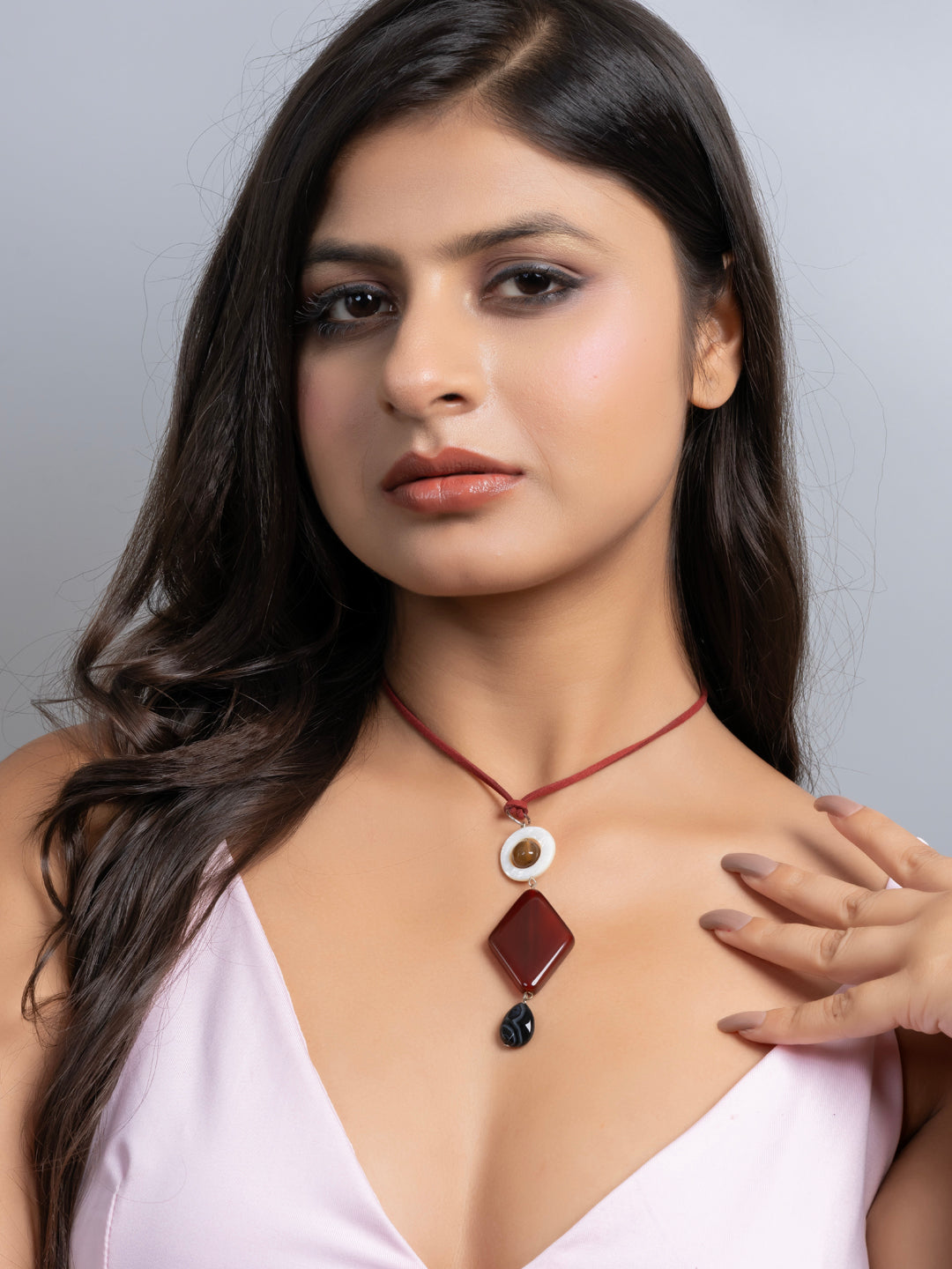 Semi Precious Brown Black White MOP Onyx Agate Sleek necklace with adjustable Suede Cord LOOK AND ADORN - designed for you