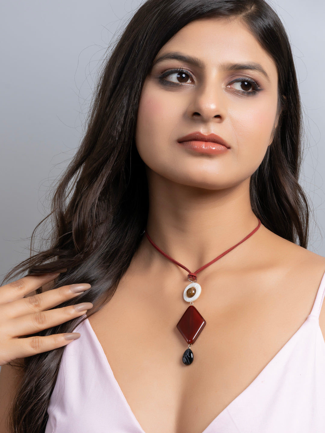 Semi Precious Brown Black White MOP Onyx Agate Sleek necklace with adjustable Suede Cord LOOK AND ADORN - designed for you