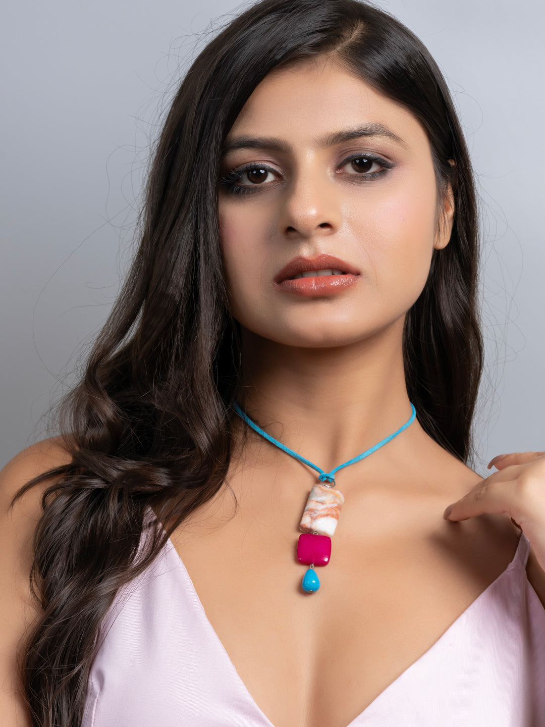 Semi Precious Pink Blue Brown Onyx Agate Sleek necklace with adjustable Suede Cord LOOK AND ADORN - designed for you