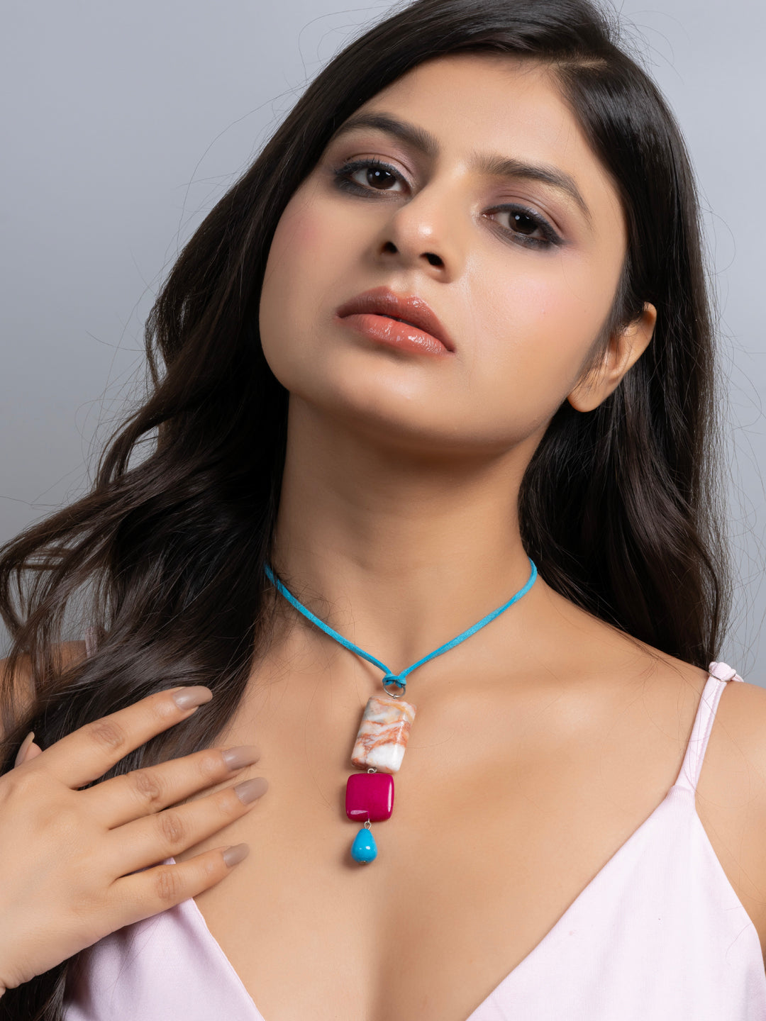 Semi Precious Pink Blue Brown Onyx Agate Sleek necklace with adjustable Suede Cord LOOK AND ADORN - designed for you