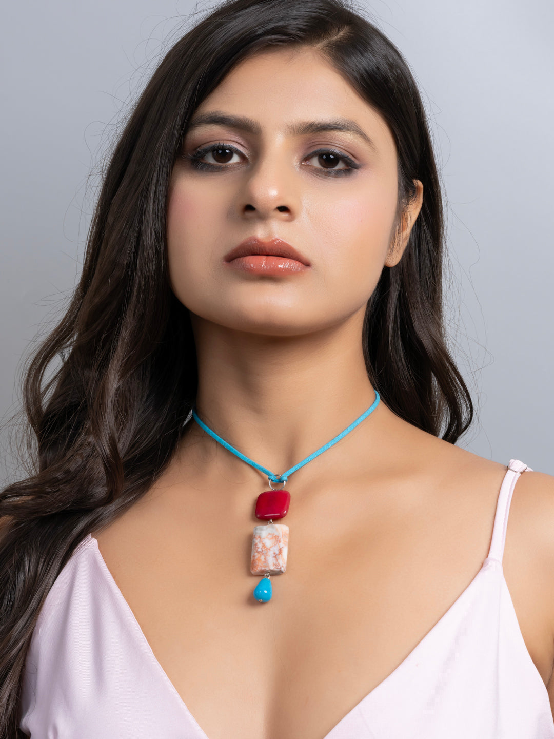 Semi Precious Pink Brown Blue Onyx Agate Sleek necklace with adjustable Suede Cord LOOK AND ADORN - designed for you