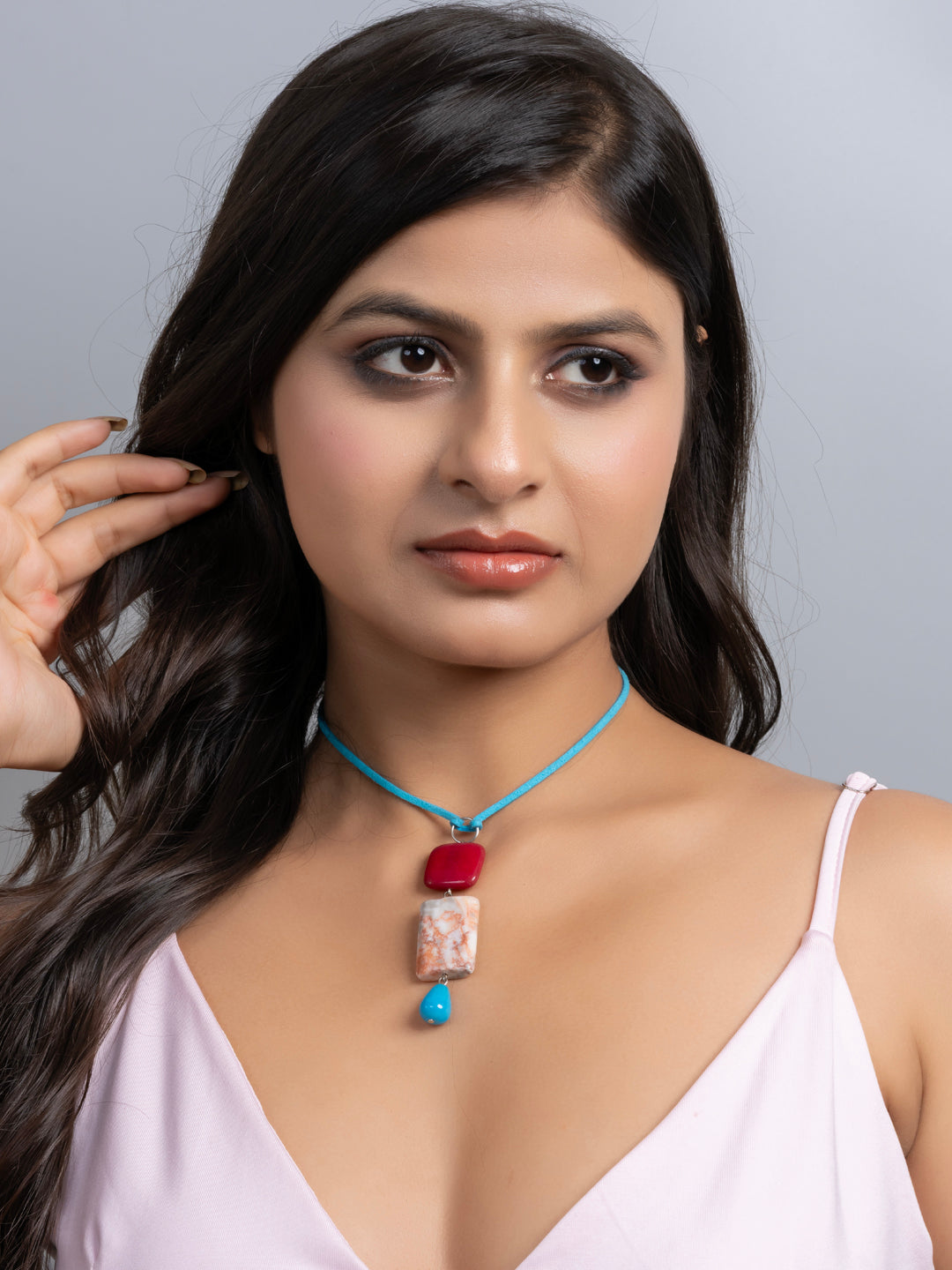 Semi Precious Pink Brown Blue Onyx Agate Sleek necklace with adjustable Suede Cord LOOK AND ADORN - designed for you