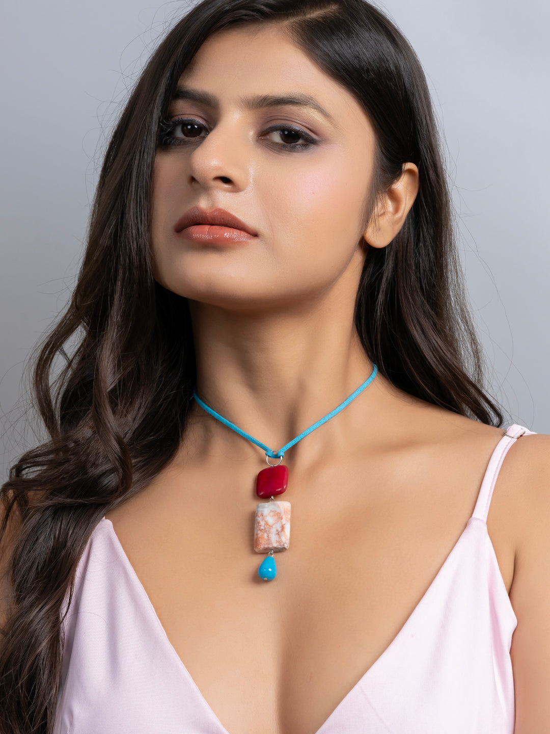 Semi Precious Pink Brown Blue Onyx Agate Sleek necklace with adjustable Suede Cord LOOK AND ADORN - designed for you