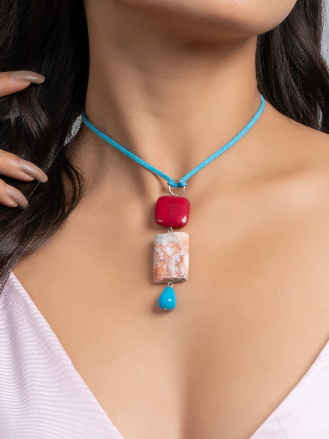 Semi Precious Pink Brown Blue Onyx Agate Sleek necklace with adjustable Suede Cord LOOK AND ADORN - designed for you