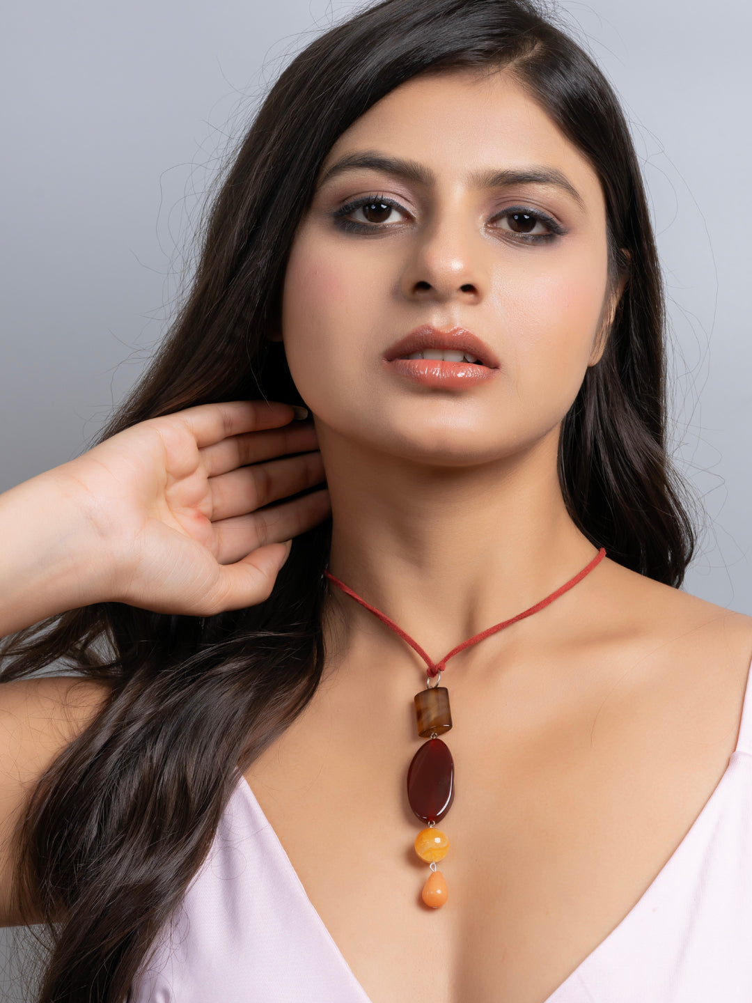 Semi Precious Black Pink Onyx Agate Sleek necklace with adjustable Suede Cord LOOK AND ADORN - designed for you