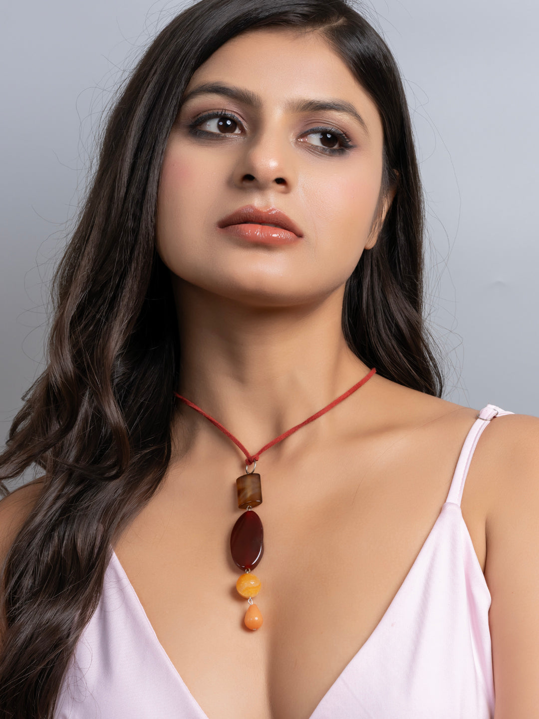 Semi Precious Black Pink Onyx Agate Sleek necklace with adjustable Suede Cord LOOK AND ADORN - designed for you