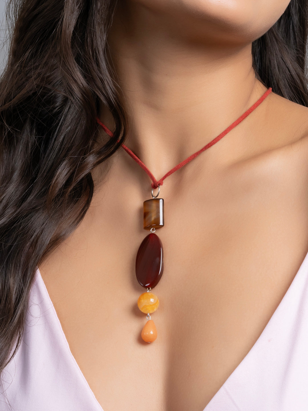 Semi Precious Black Pink Onyx Agate Sleek necklace with adjustable Suede Cord LOOK AND ADORN - designed for you