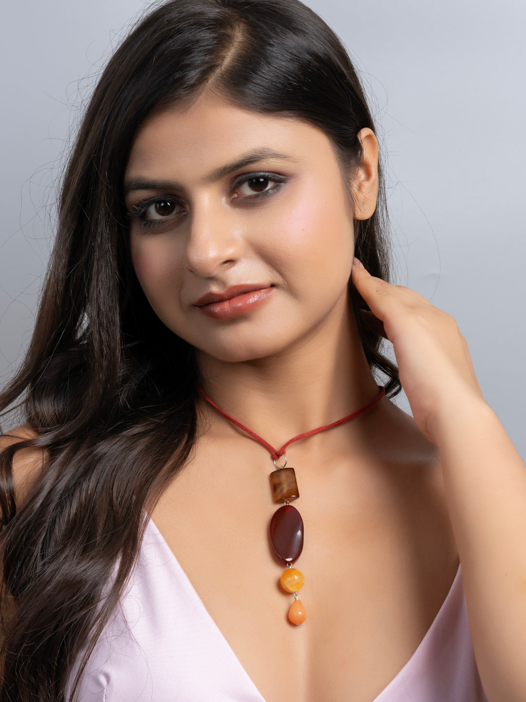 Semi Precious Brown Rust Orange Onyx Agate Sleek necklace with adjustable Suede Cord LOOK AND ADORN - designed for you