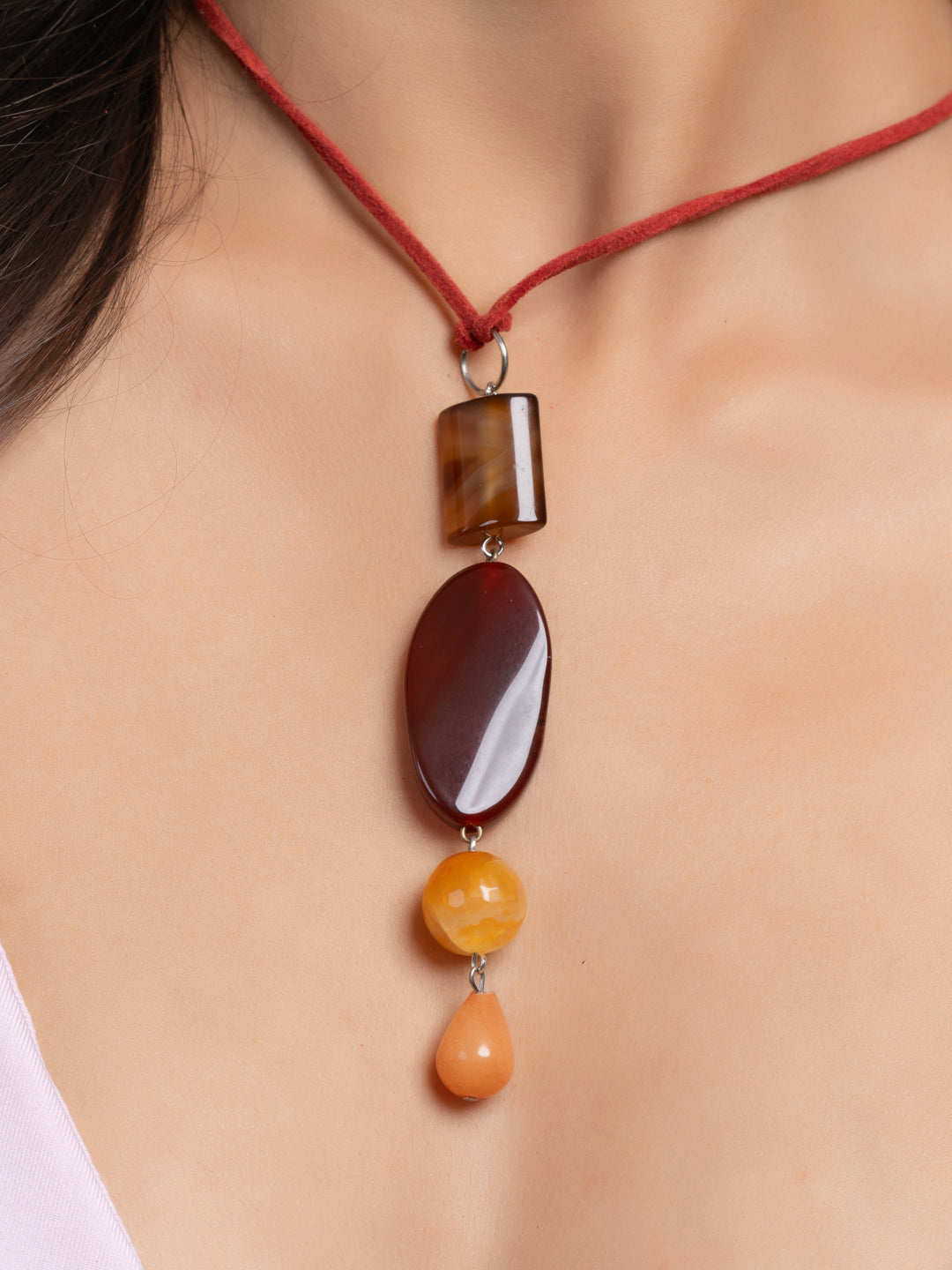 Semi Precious Black Pink Onyx Agate Sleek necklace with adjustable Suede Cord LOOK AND ADORN - designed for you