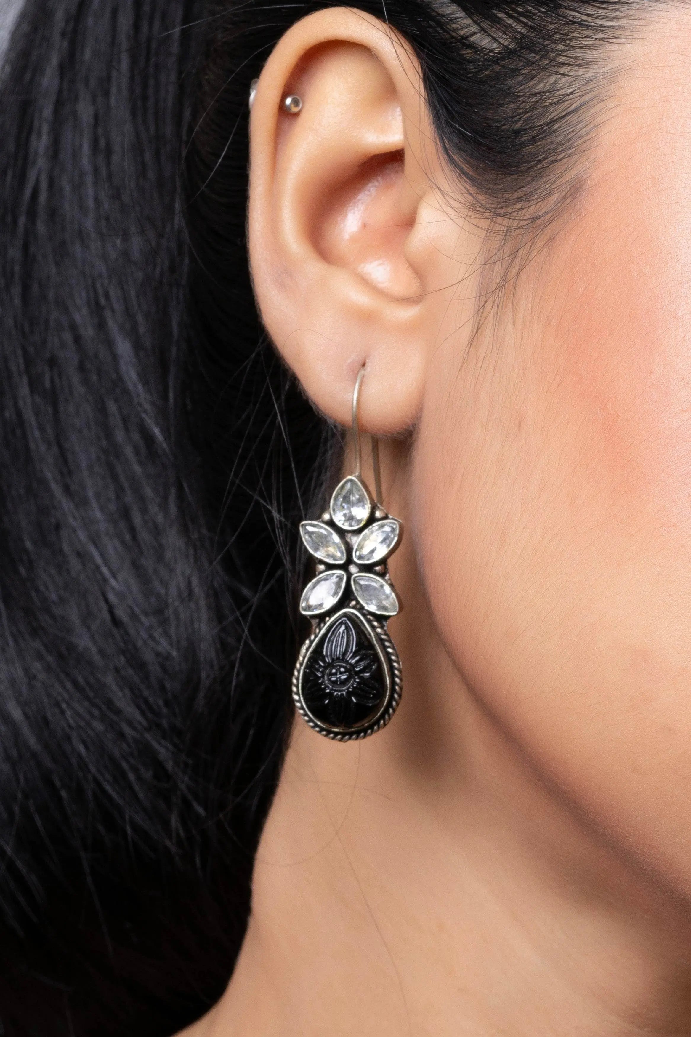 Oxidized Silver with Black Carved Stone bead Cubic Zirconia Earring - Lookandadorn.com