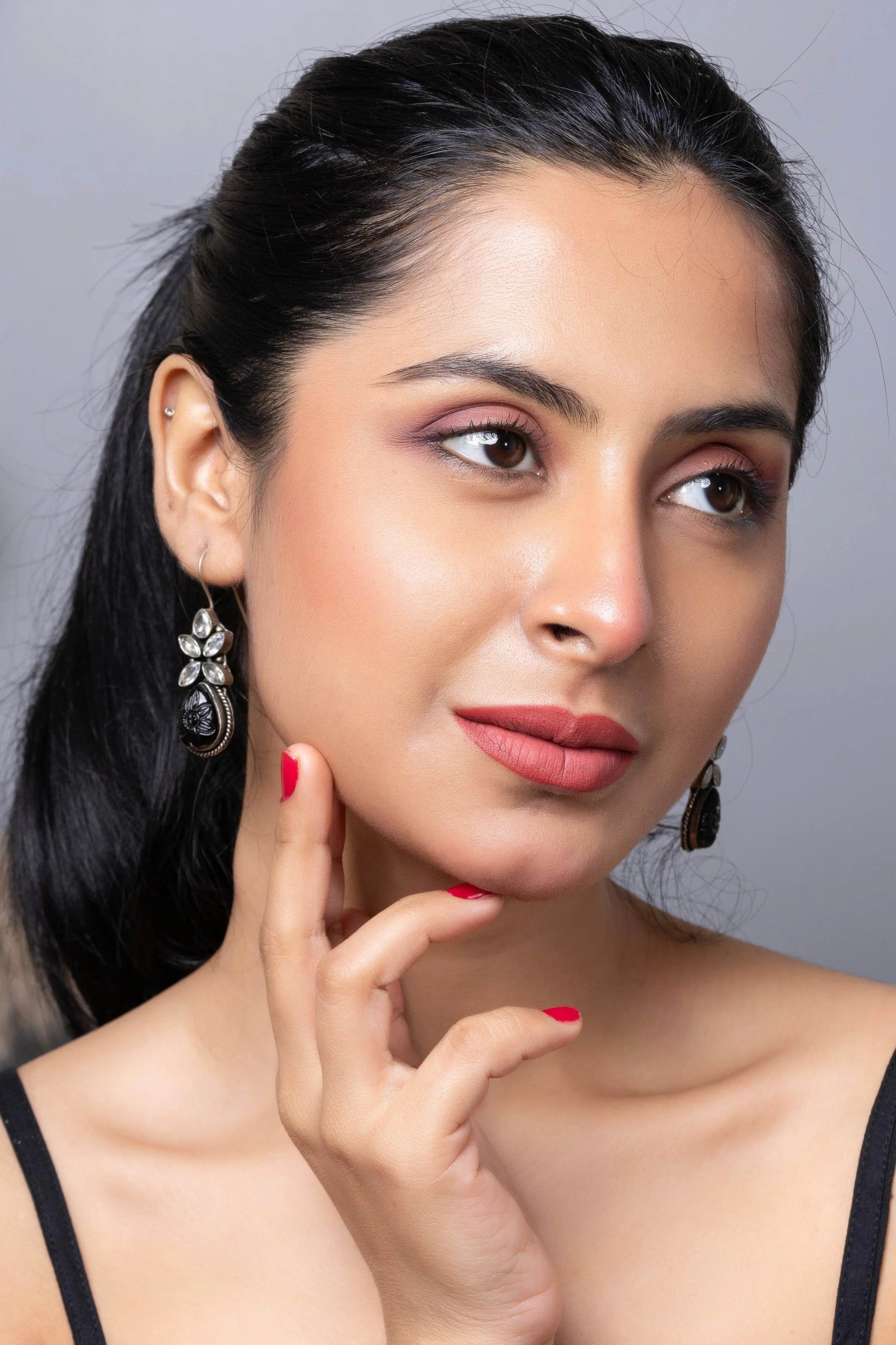 Oxidized Silver with Black Carved Stone bead Cubic Zirconia Earring - Lookandadorn.com