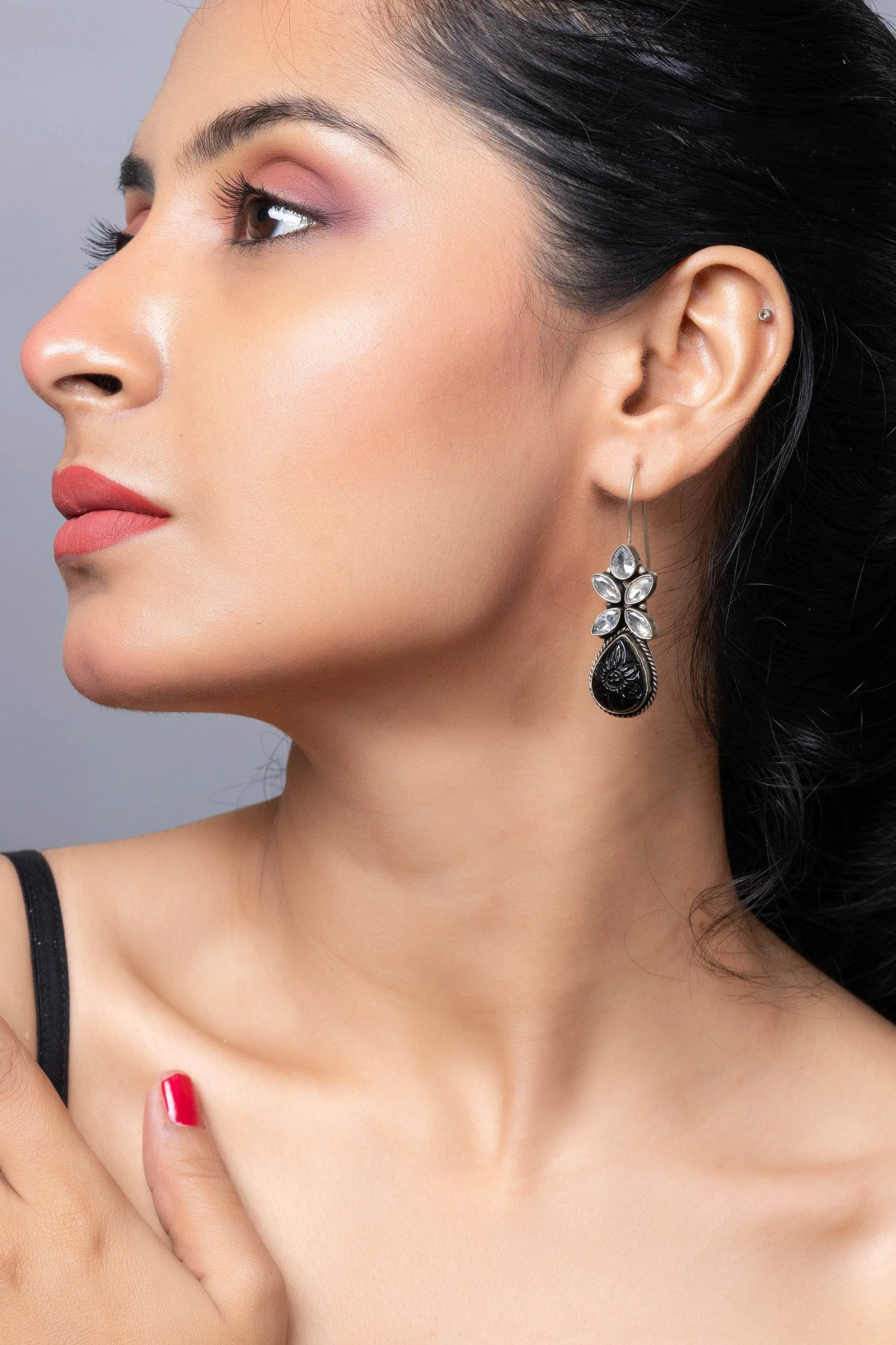 Oxidized Silver with Black Carved Stone bead Cubic Zirconia Earring - Lookandadorn.com