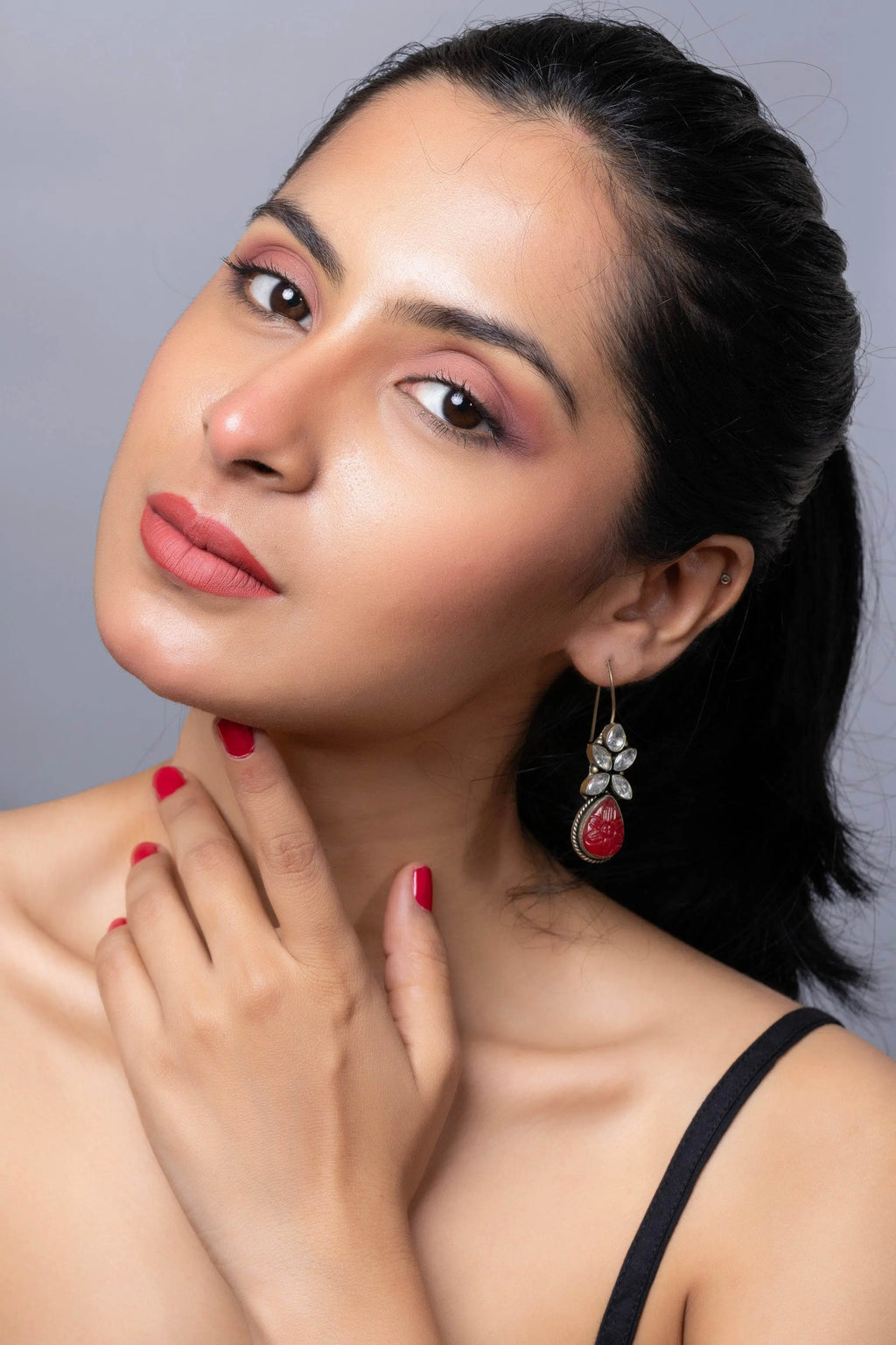 Oxidized Silver with Red Carved Stone bead Cubic Zirconia Earring - Lookandadorn.com