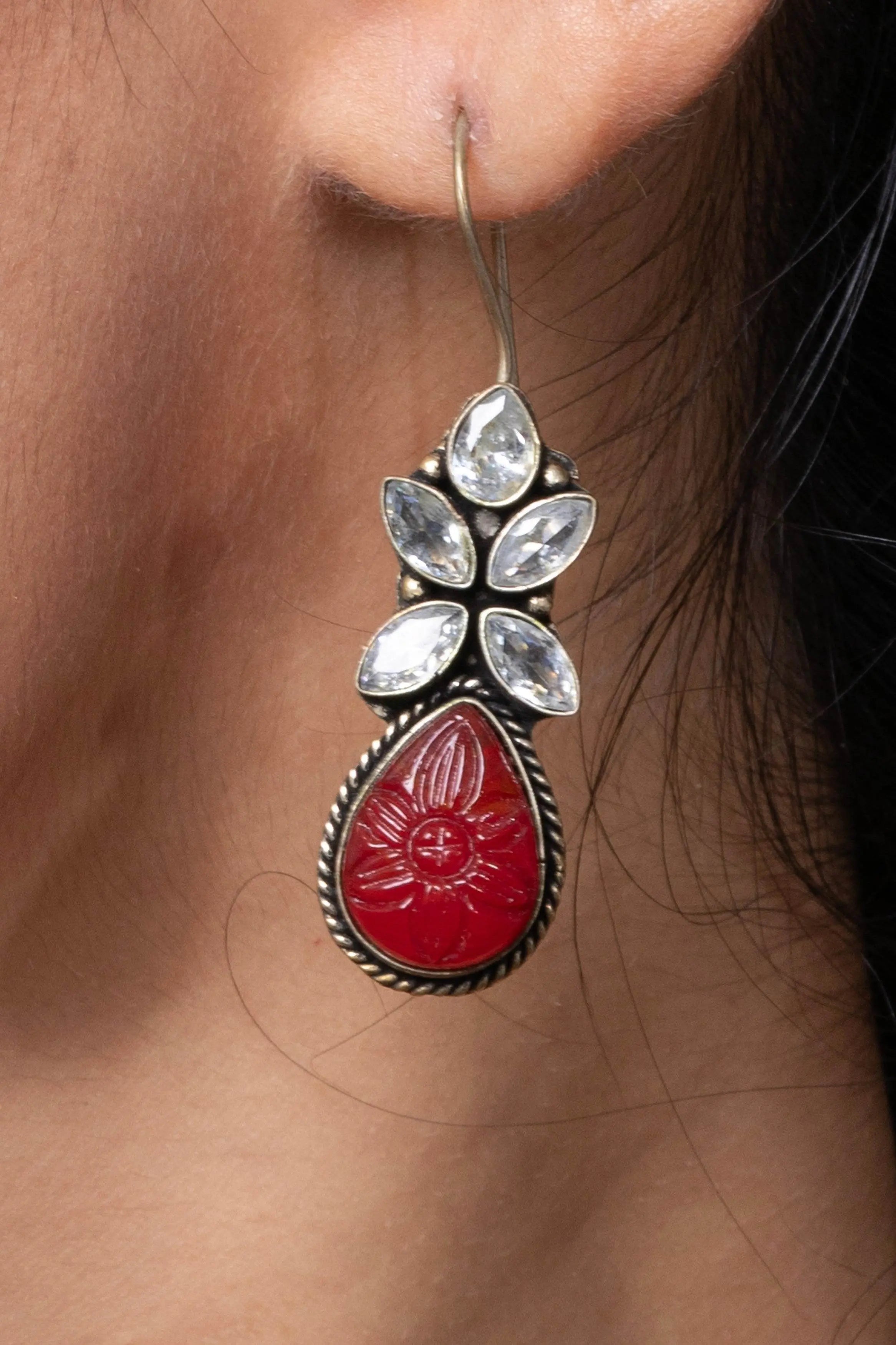 Oxidized Silver with Red Carved Stone bead Cubic Zirconia Earring - Lookandadorn.com
