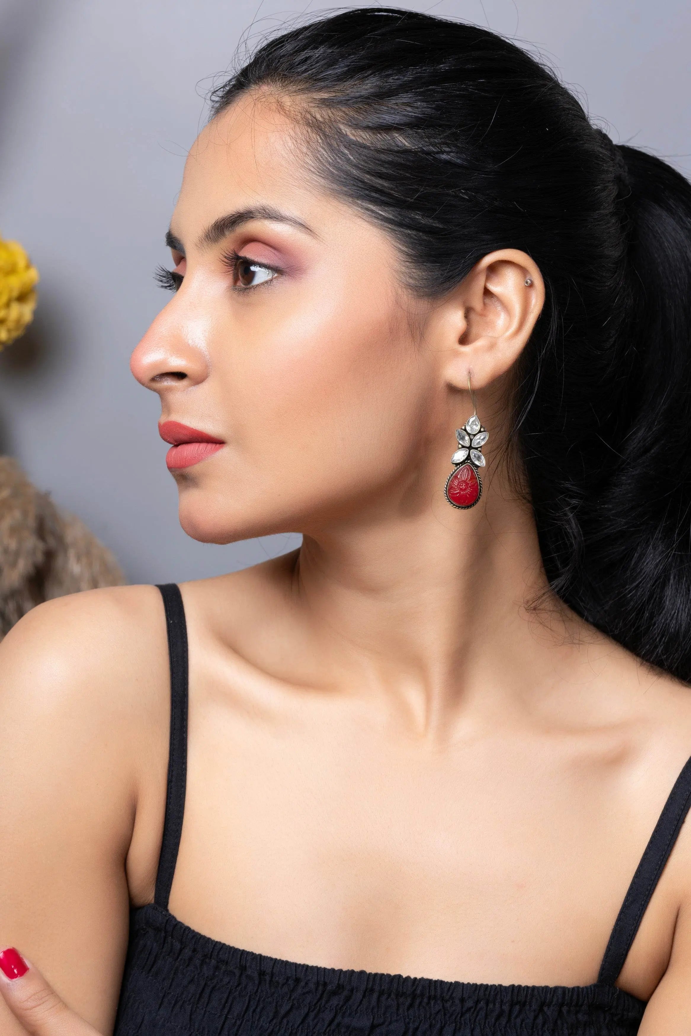Oxidized Silver with Red Carved Stone bead Cubic Zirconia Earring - Lookandadorn.com