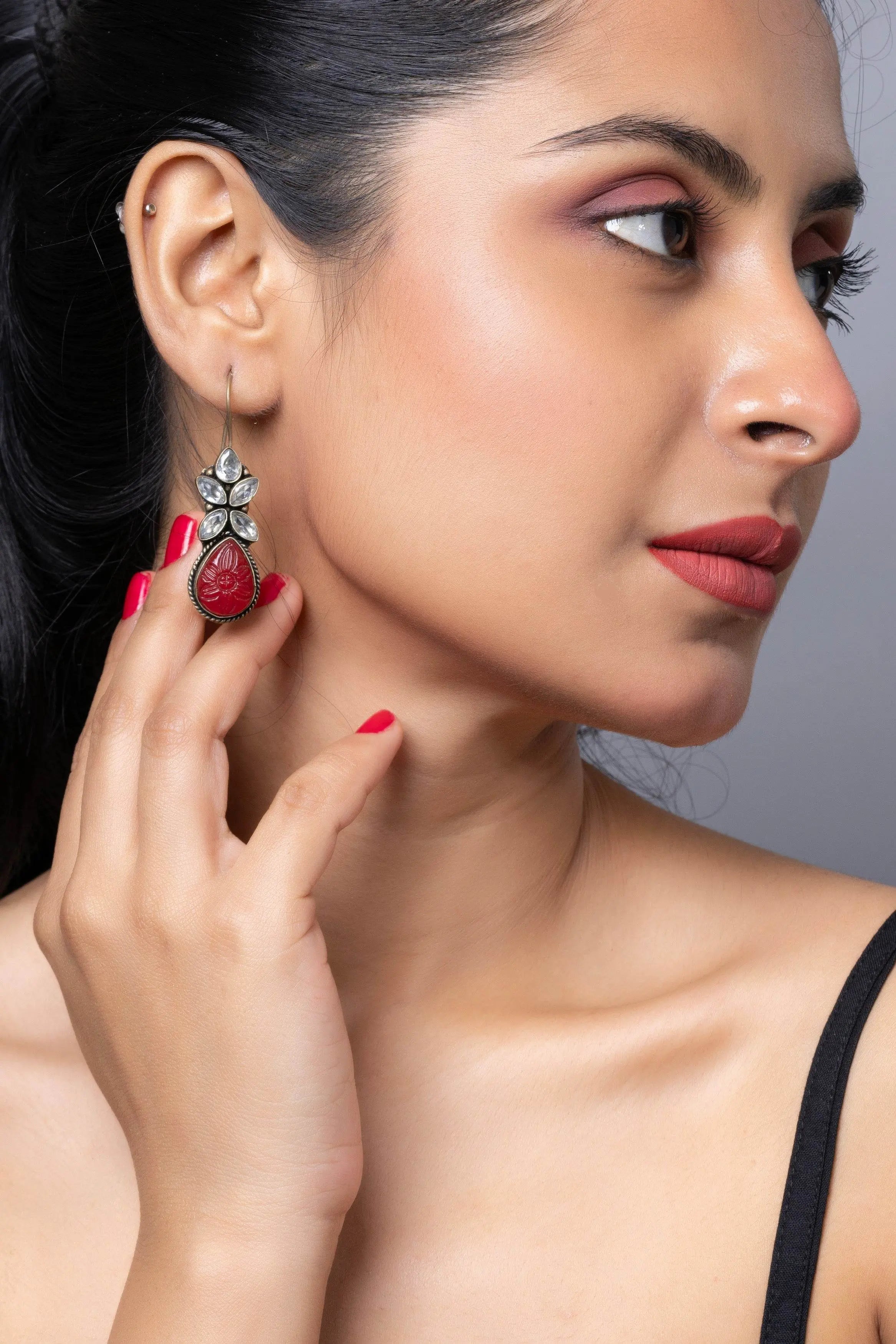 Oxidized Silver with Red Carved Stone bead Cubic Zirconia Earring - Lookandadorn.com