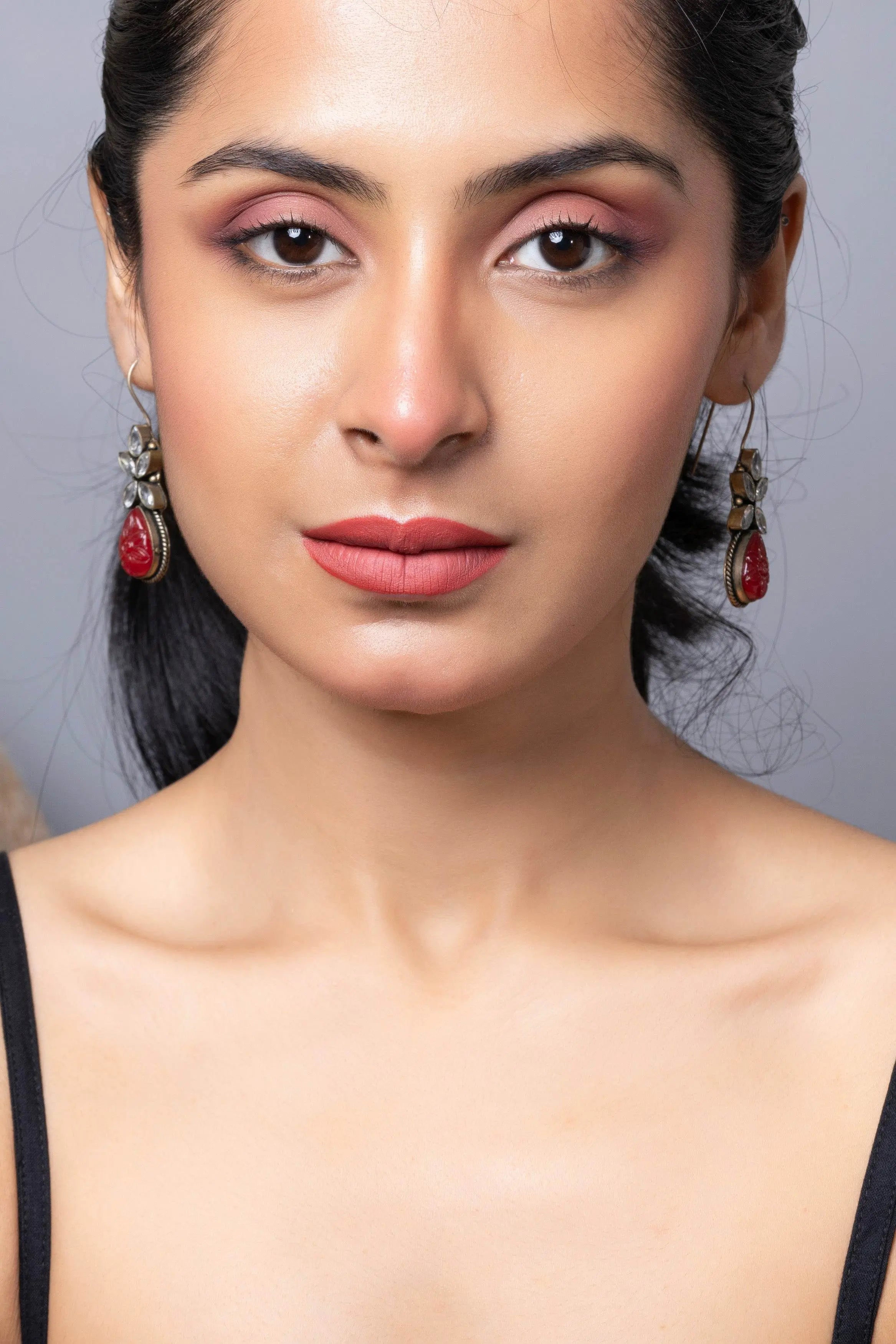 Oxidized Silver with Red Carved Stone bead Cubic Zirconia Earring - Lookandadorn.com