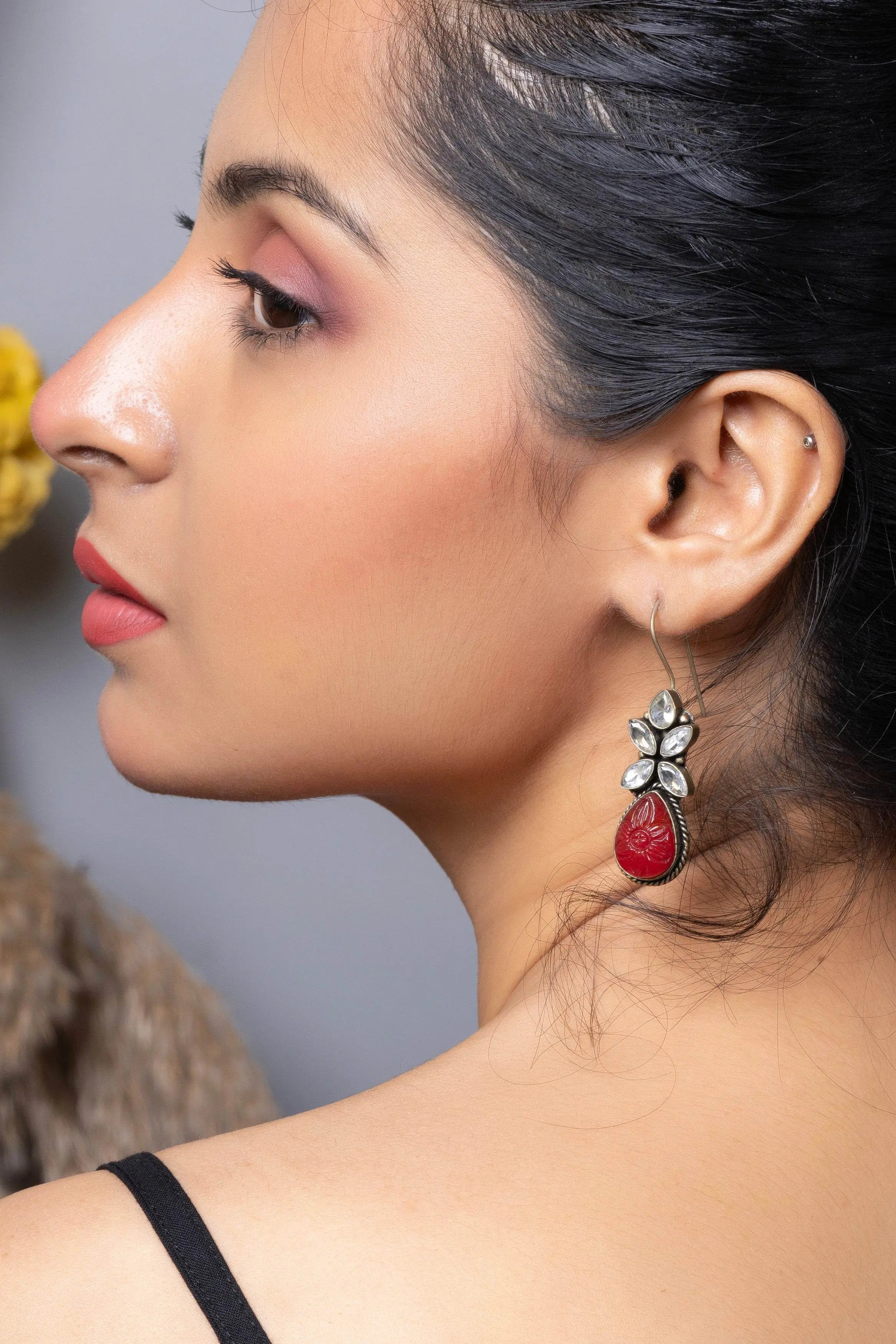 Oxidized Silver with Red Carved Stone bead Cubic Zirconia Earring - Lookandadorn.com