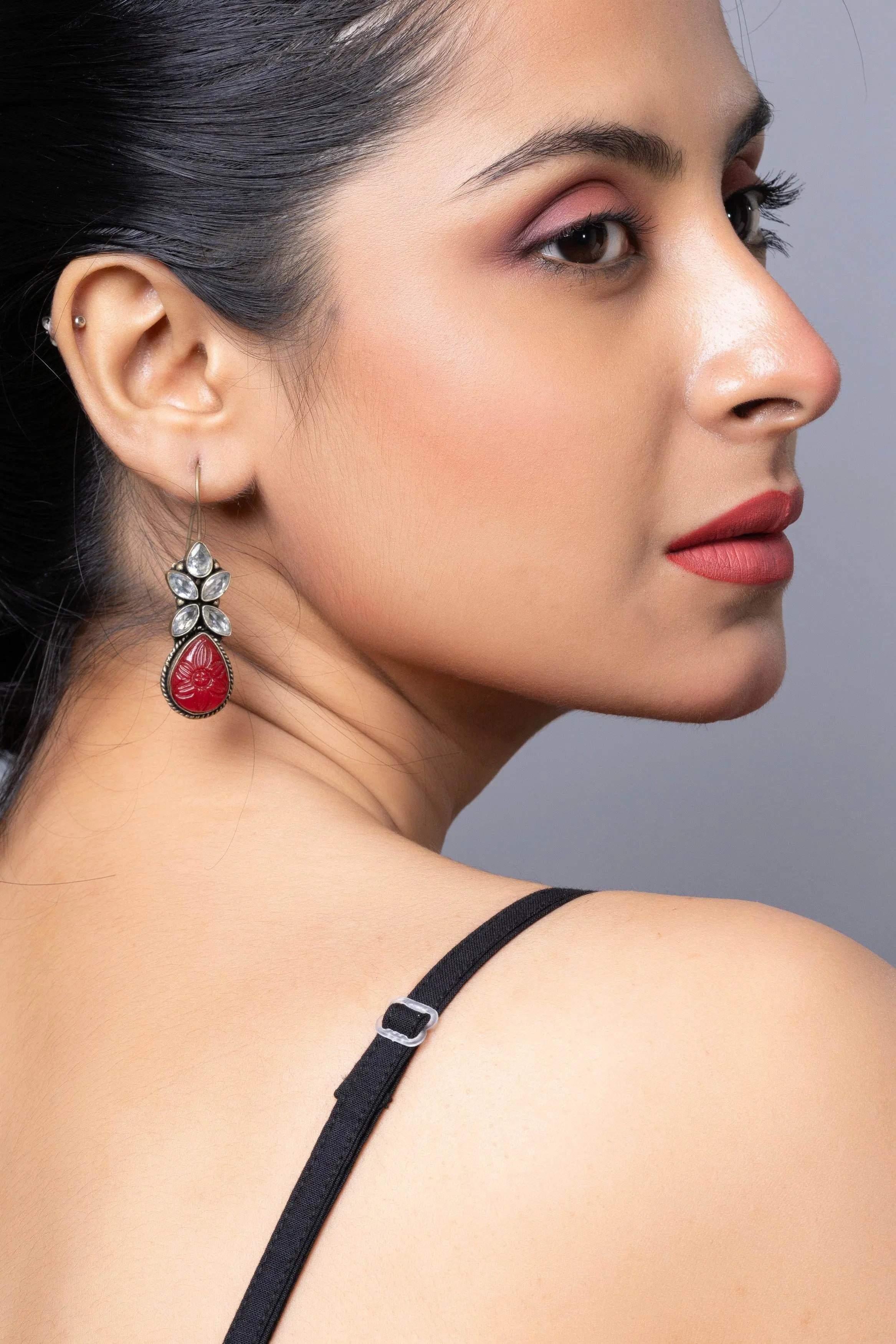 Oxidized Silver with Red Carved Stone bead Cubic Zirconia Earring - Lookandadorn.com