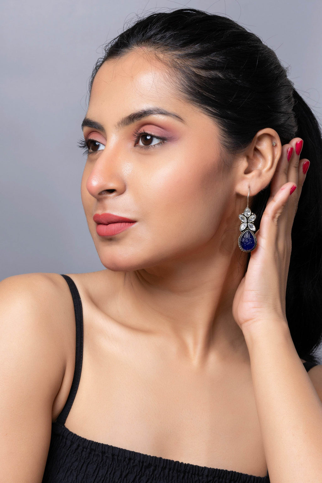 Oxidized Silver with Blue Carved Stone bead Cubic Zirconia Earring - Lookandadorn.com