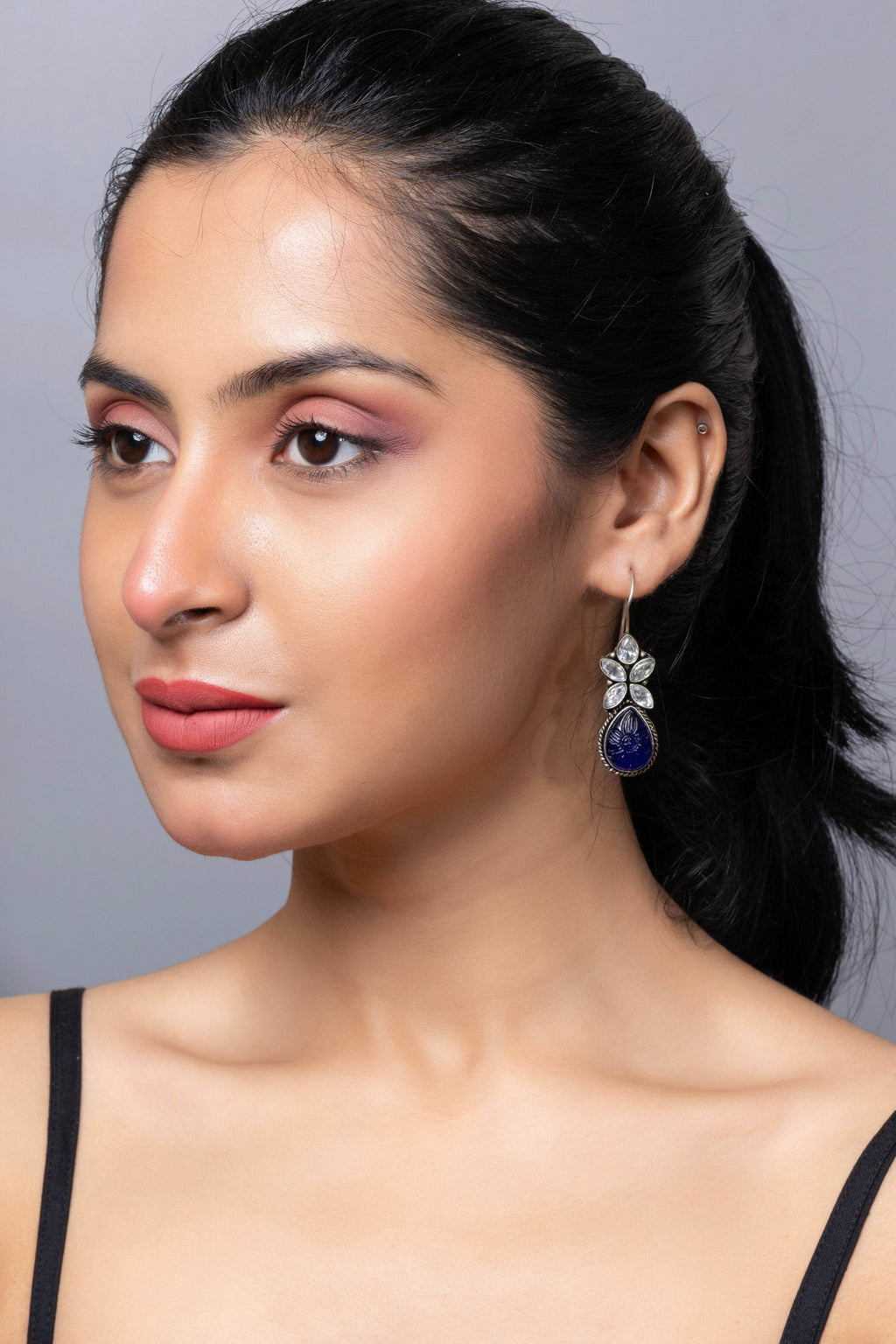 Oxidized Silver with Blue Carved Stone bead Cubic Zirconia Earring - Lookandadorn.com