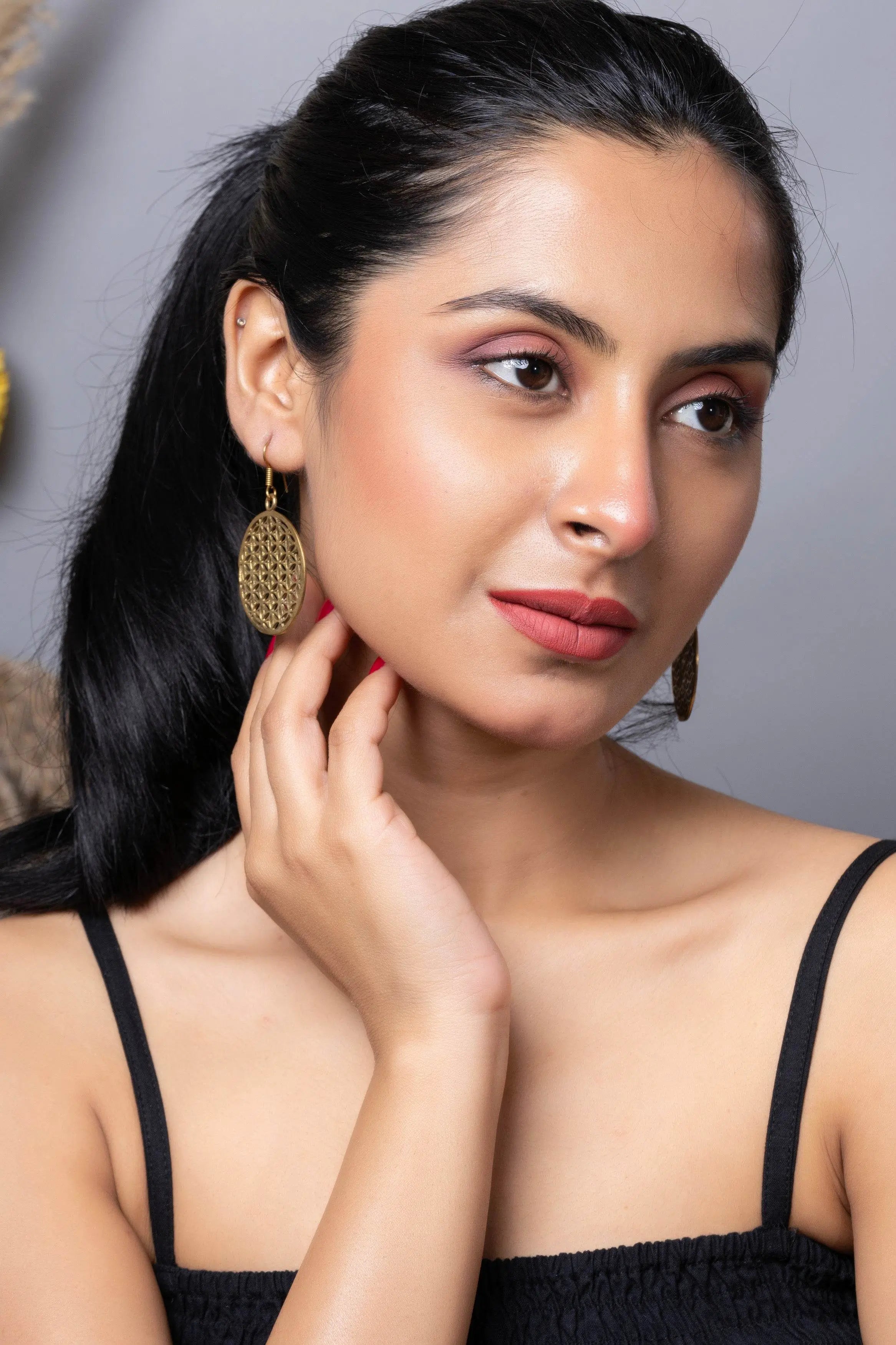 Designer Floral Round Golden Brass Earring - Lookandadorn.com