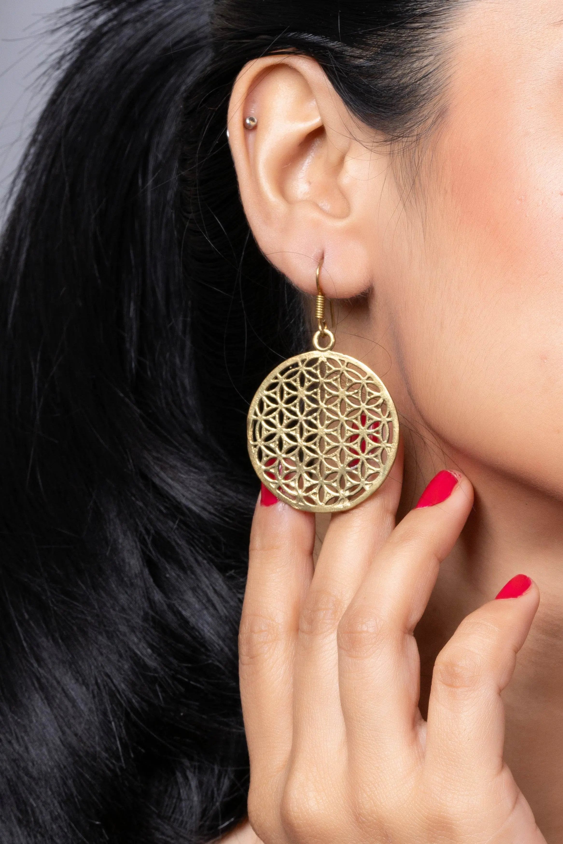 Designer Floral Round Golden Brass Earring - Lookandadorn.com