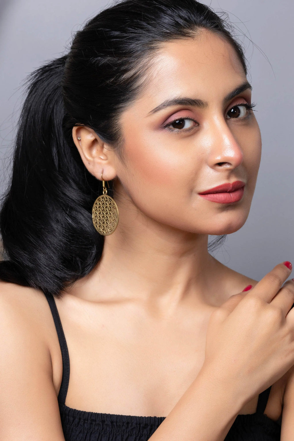 Designer Floral Round Golden Brass Earring - Lookandadorn.com