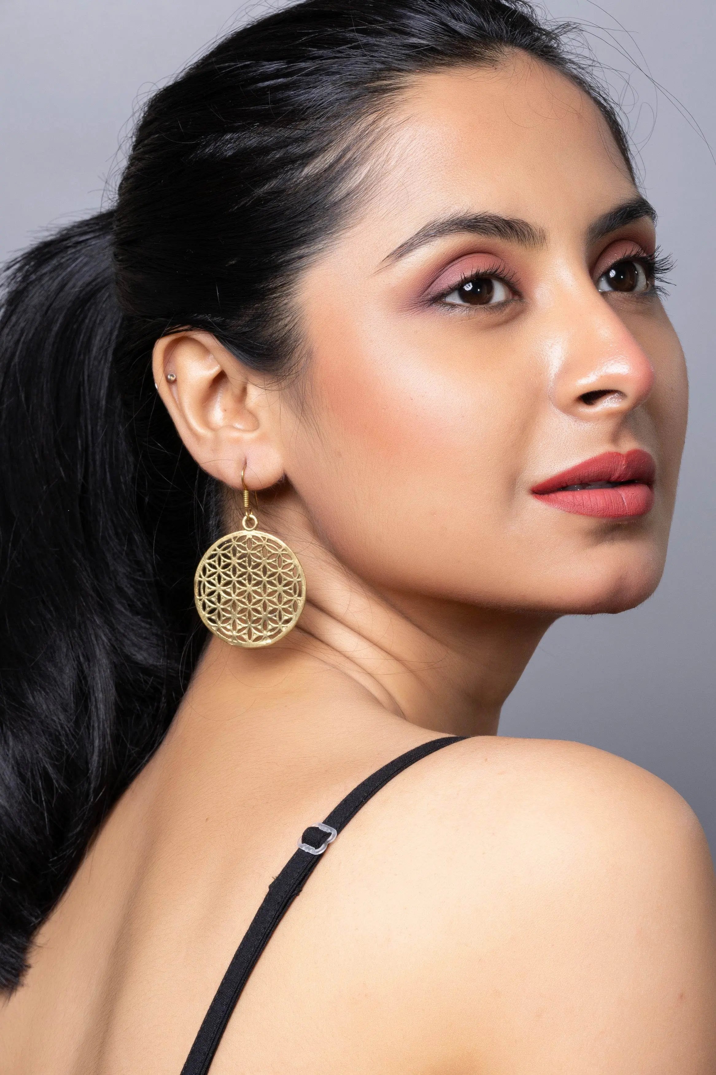 Designer Floral Round Golden Brass Earring - Lookandadorn.com