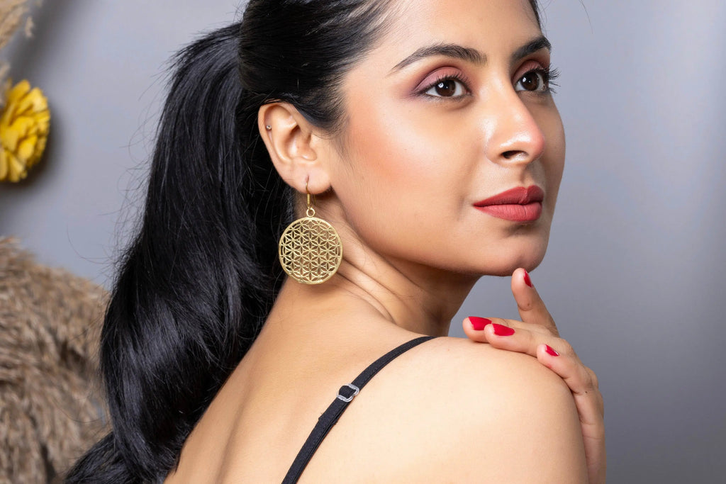 Designer Floral Round Golden Brass Earring - Lookandadorn.com