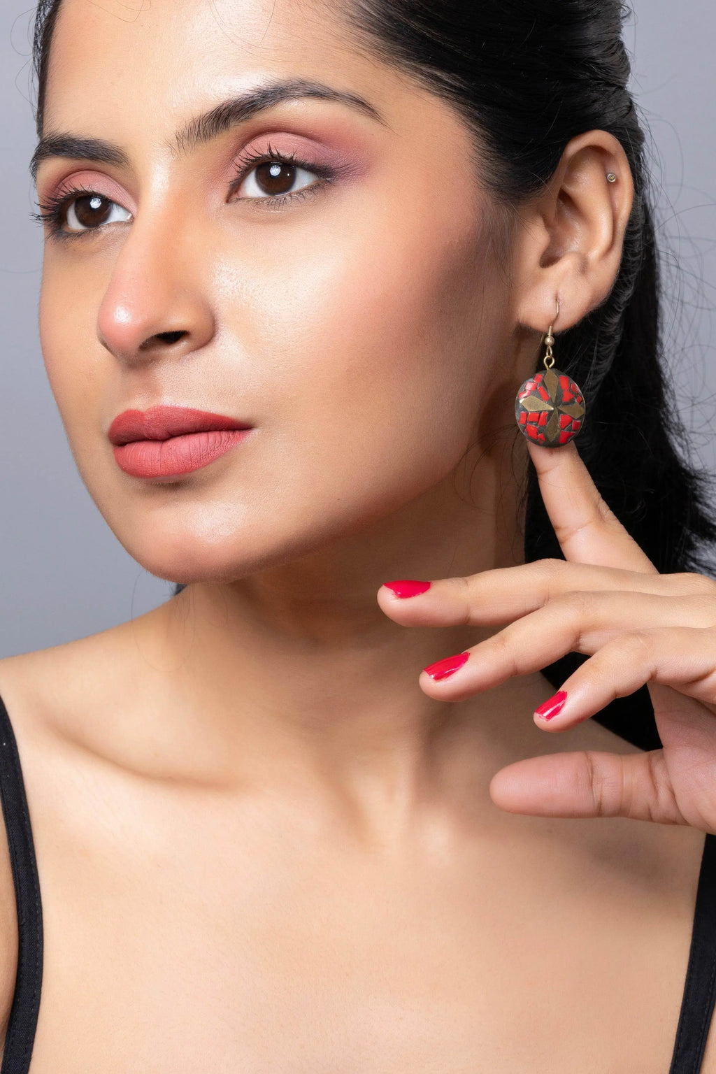 Red Black Brass Golden Tibetan Earring - Lookandadorn.com