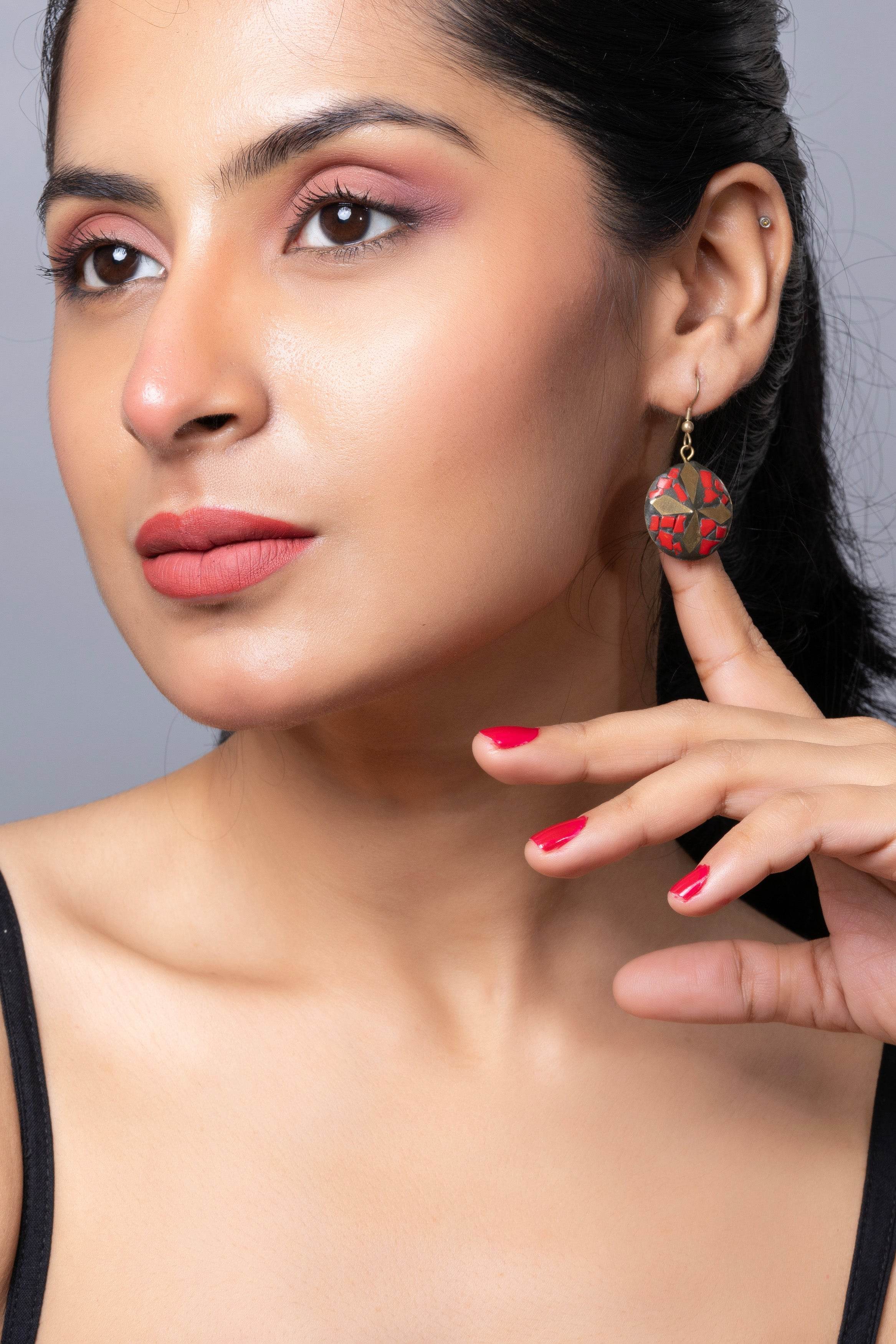 Red Black Brass Golden Tibetan Earring - Lookandadorn.com