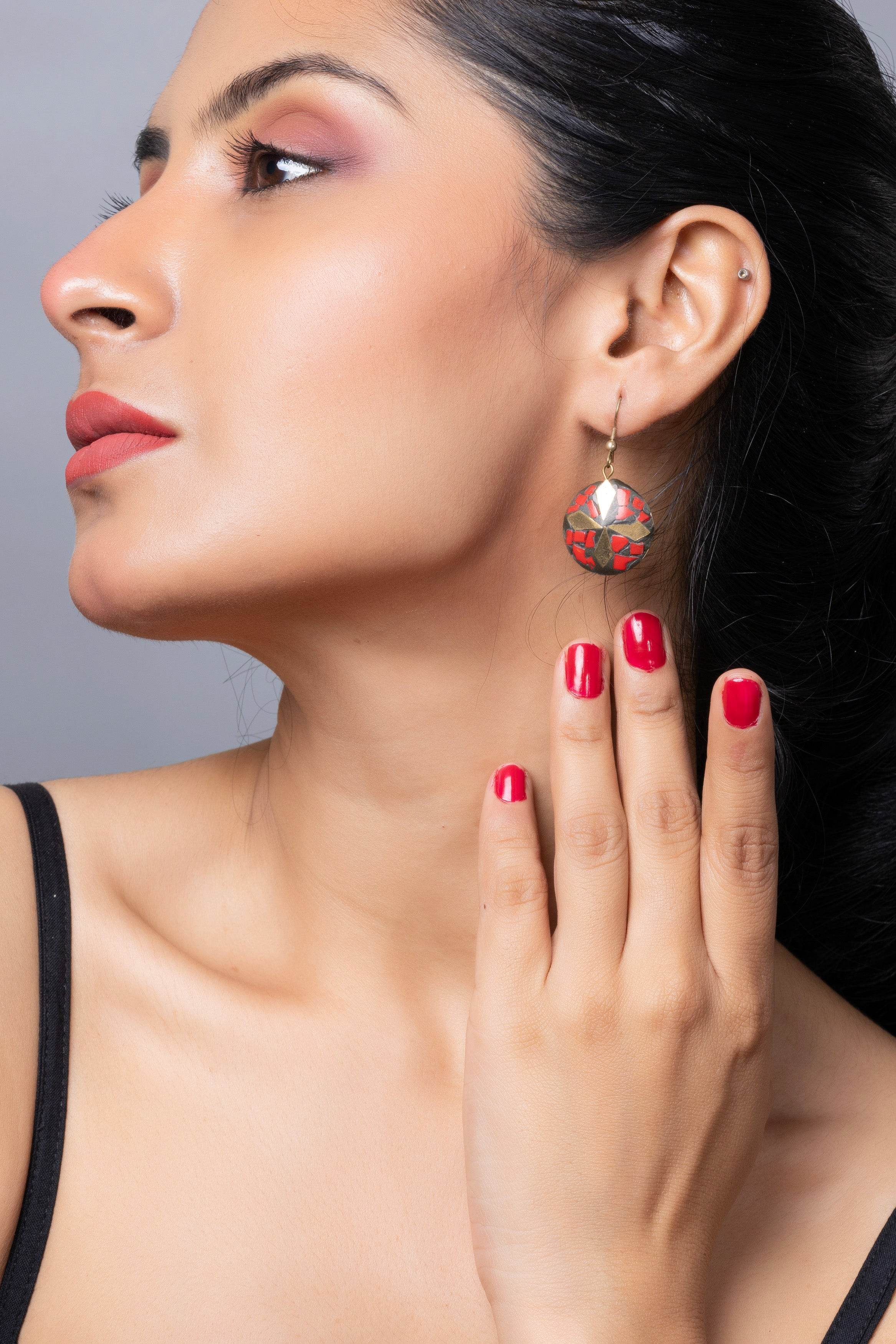 Red Black Brass Golden Tibetan Earring - Lookandadorn.com