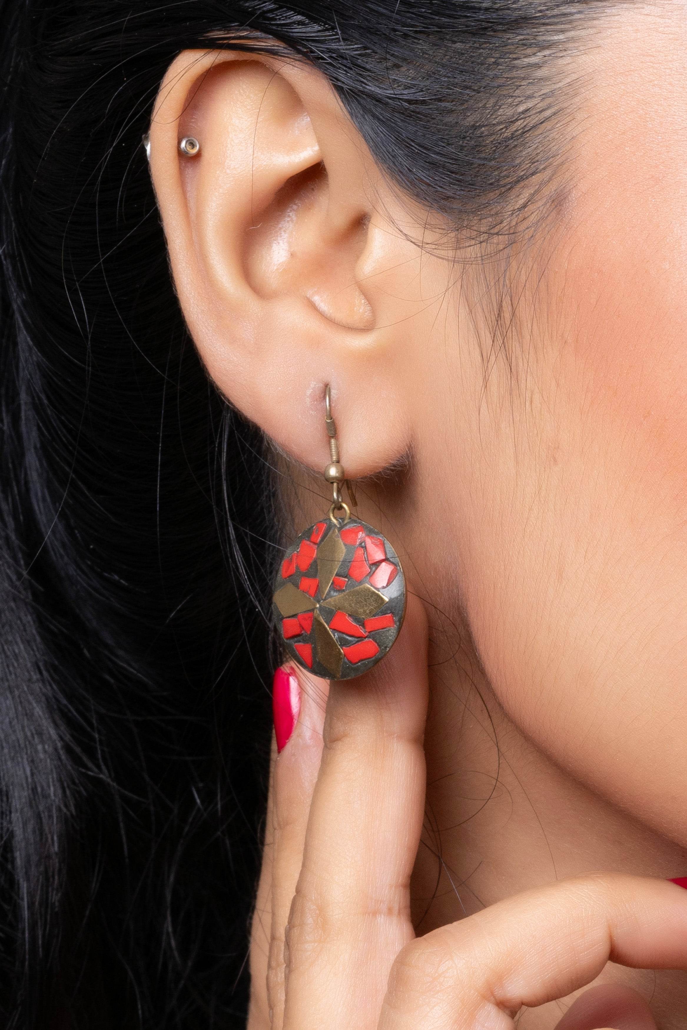 Red Black Brass Golden Tibetan Earring - Lookandadorn.com